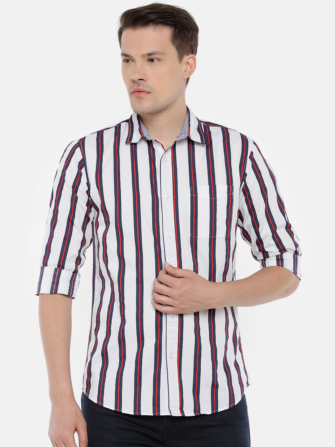 Buy Jack & Jones Men White & Navy Blue Slim Fit Striped Casual Shirt ...