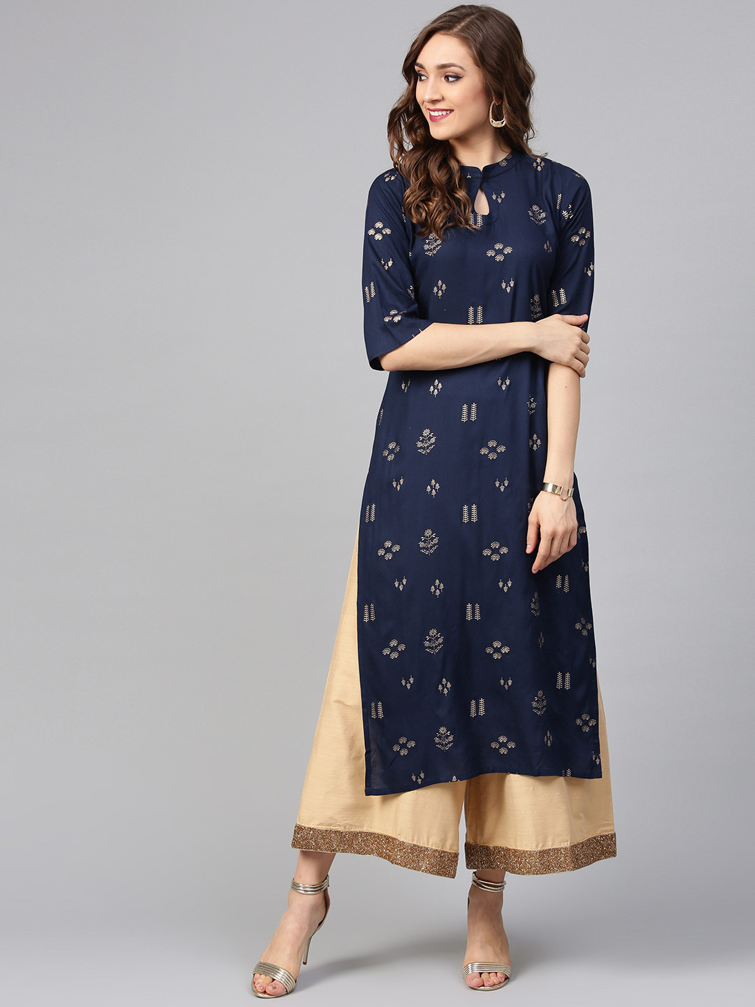 Women Navy Blue & Golden Block Print Straight Kurta