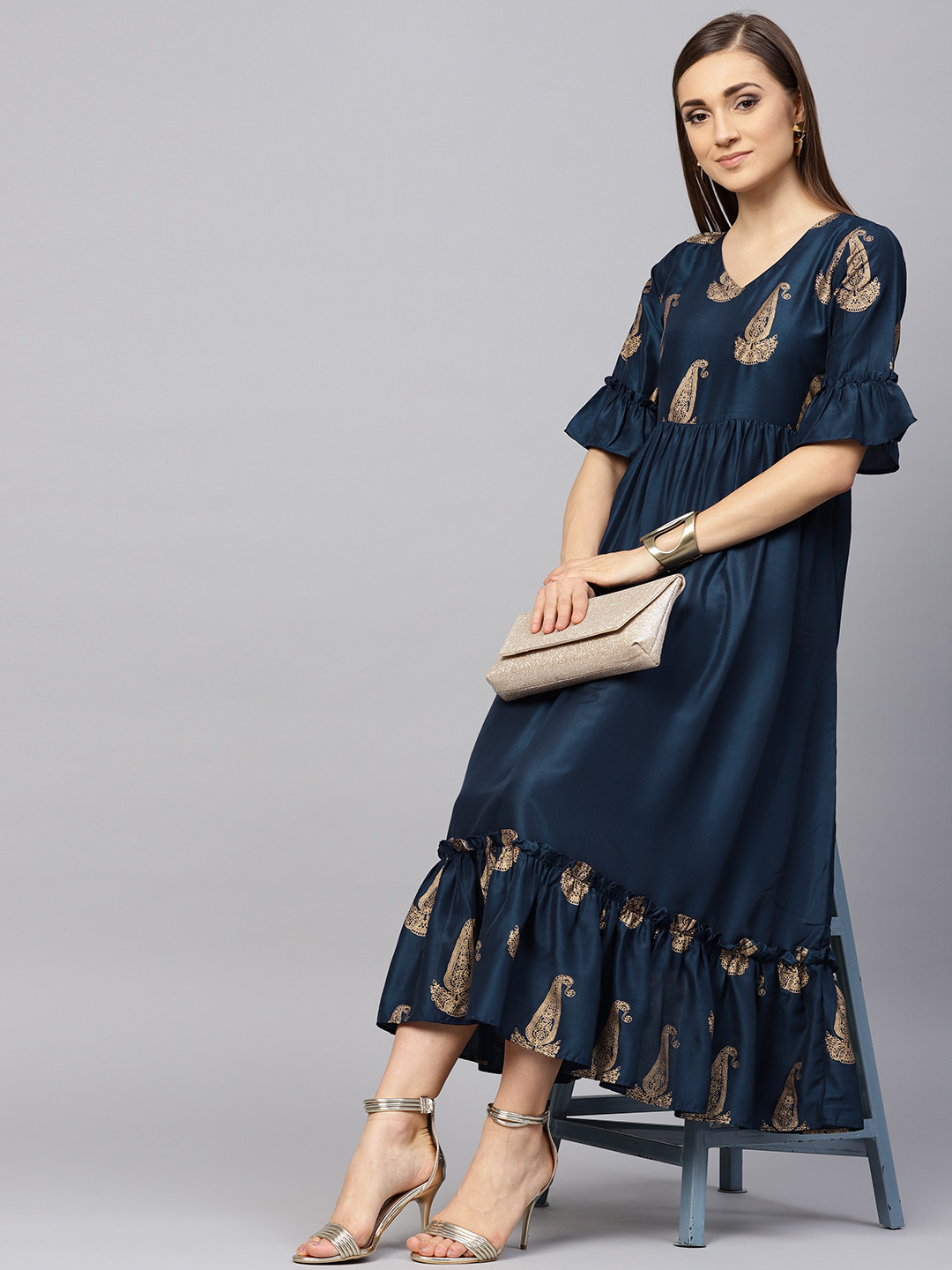 Buy Libas Women Navy Blue & Golden Block Print Maxi Dress - Dresses for Women 8914937 | Myntra