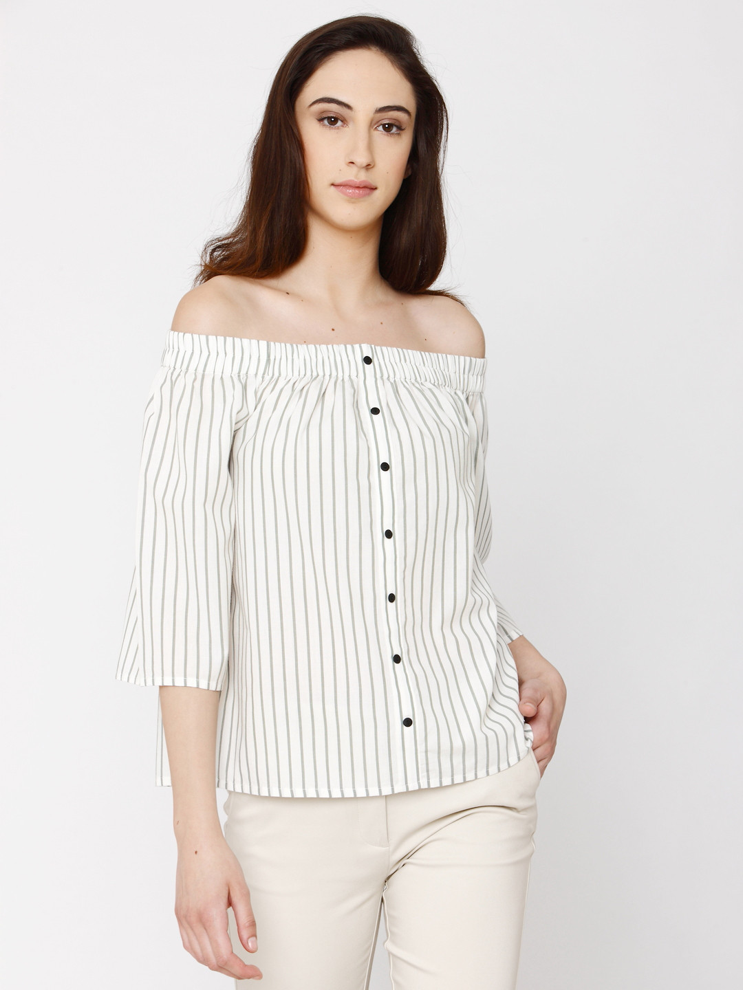 Buy Vero Moda Women Off White Striped Bardot Pure Cotton Top Tops for