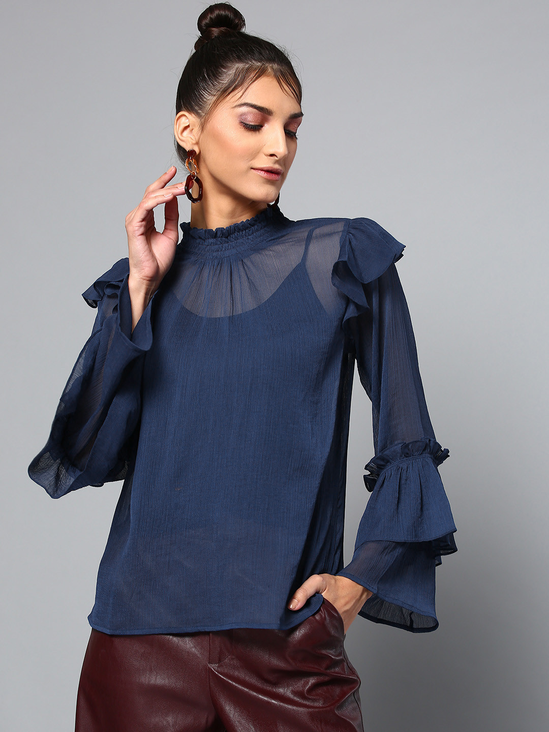 Women's Navy Blue Solid Ruffles Top