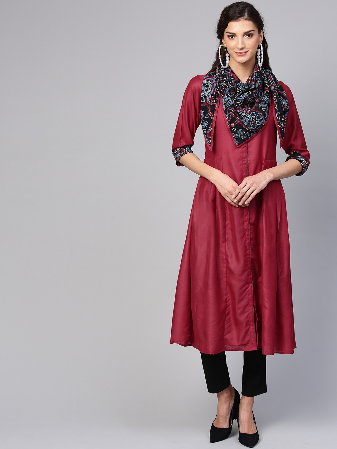 Buy Inddus Women Maroon Solid A Line Kurta With Scarf Kurtas for