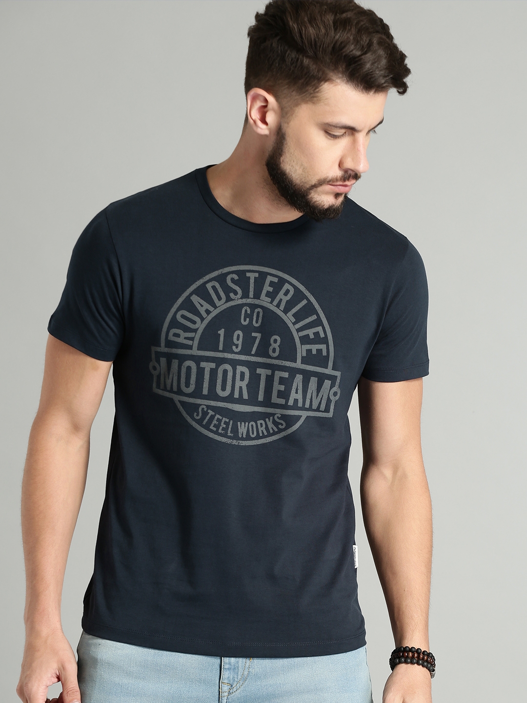 Buy The Roadster Lifestyle Co Men Navy Blue Printed Round Neck Pure ...