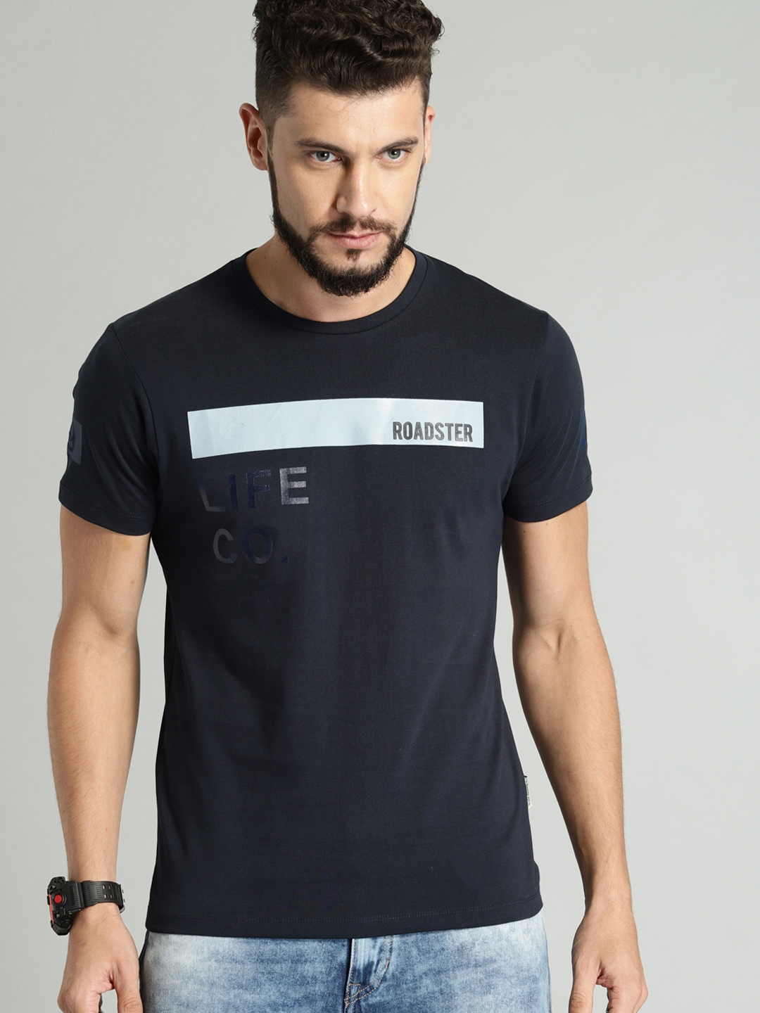 Buy Roadster Men Navy Blue Printed Pure Cotton T Shirt - Tshirts for ...