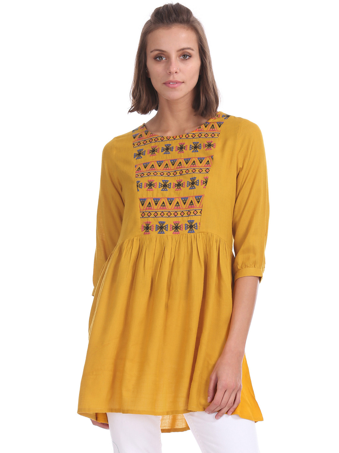 Buy Bronz Yellow Embroidered Tunic Tunics for Women 8940931 Myntra