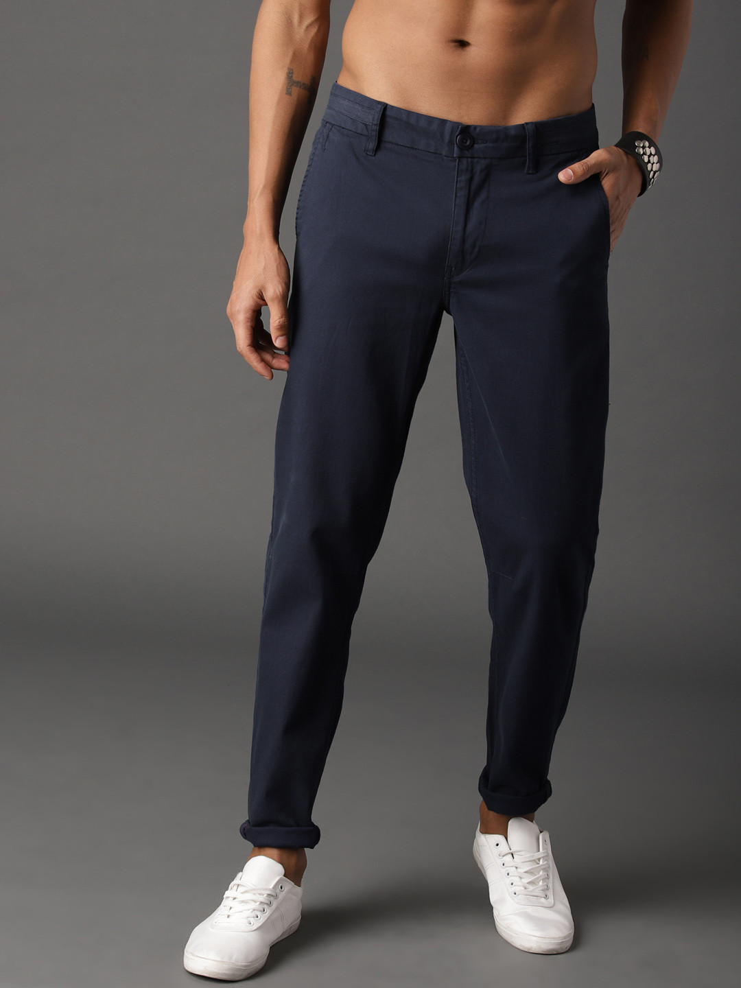 Buy The Roadster Lifestyle Co Men Navy Blue Regular Fit Solid Chinos ...