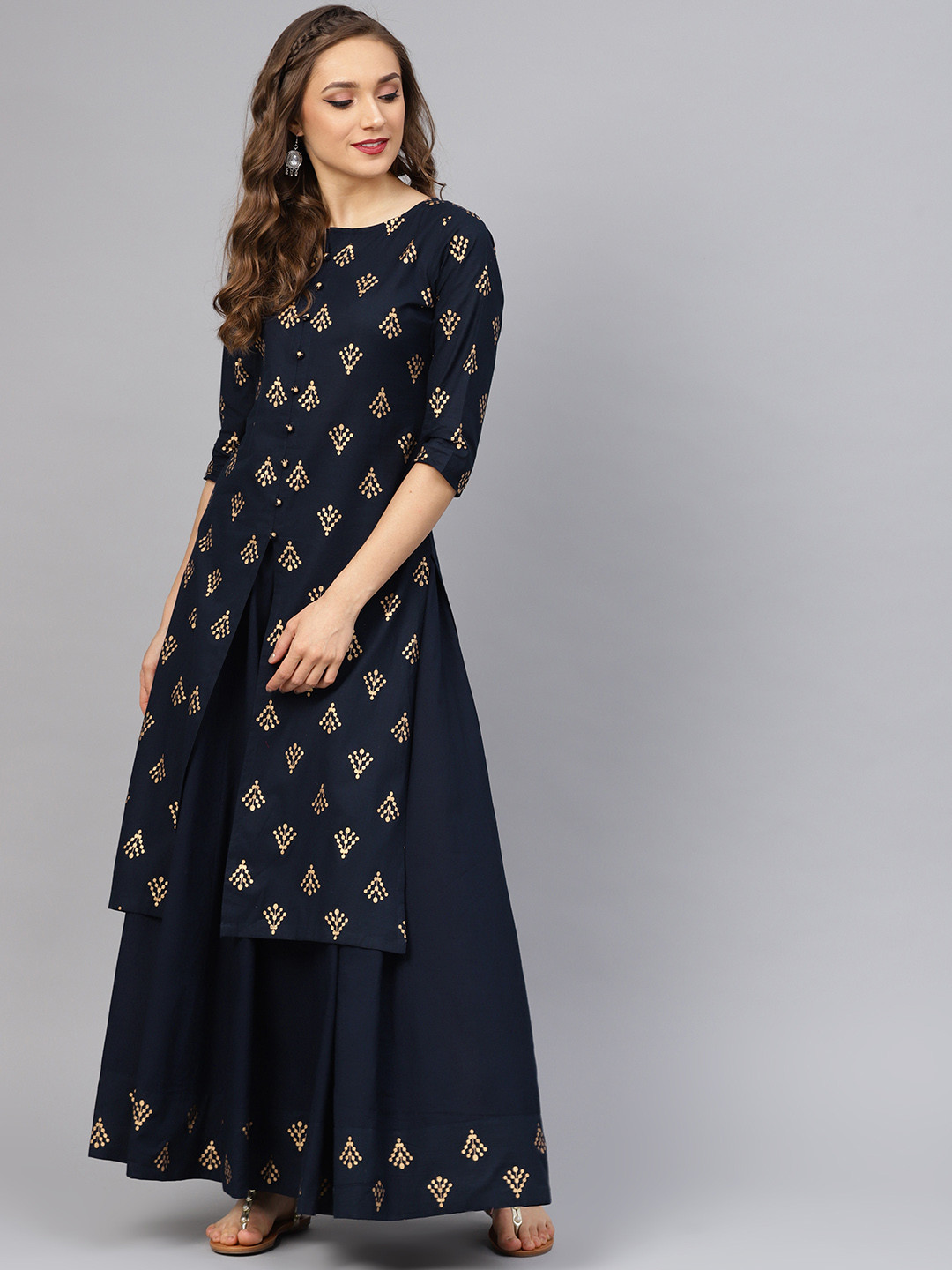 Buy Idalia Women Navy Blue & Golden Printed Kurta With Skirt Kurta
