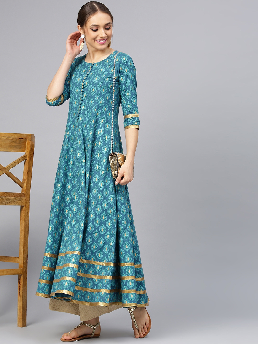 Buy Idalia Women Blue & Golden Printed Anarkali Kurta - Kurtas for ...