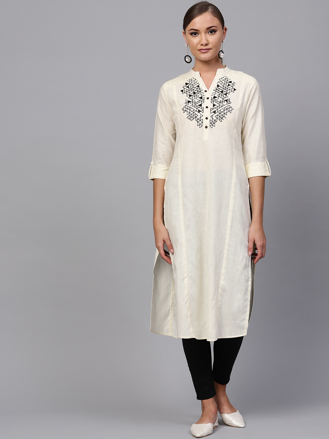 Buy Indo Era Women Cream Coloured Embroidered Detail Straight Kurta