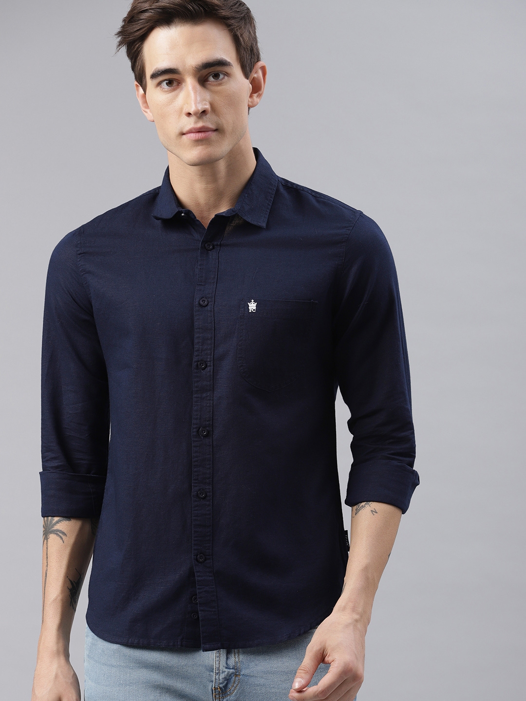 Buy French Connection Men Navy Blue Regular Fit Solid Casual Shirt ...