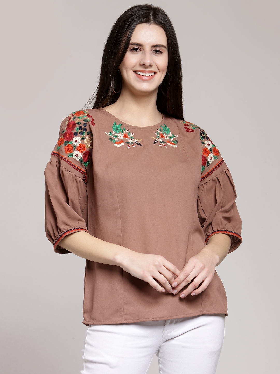 Buy PlusS Women Brown Solid Top With Embroidered Detail - Tops for ...