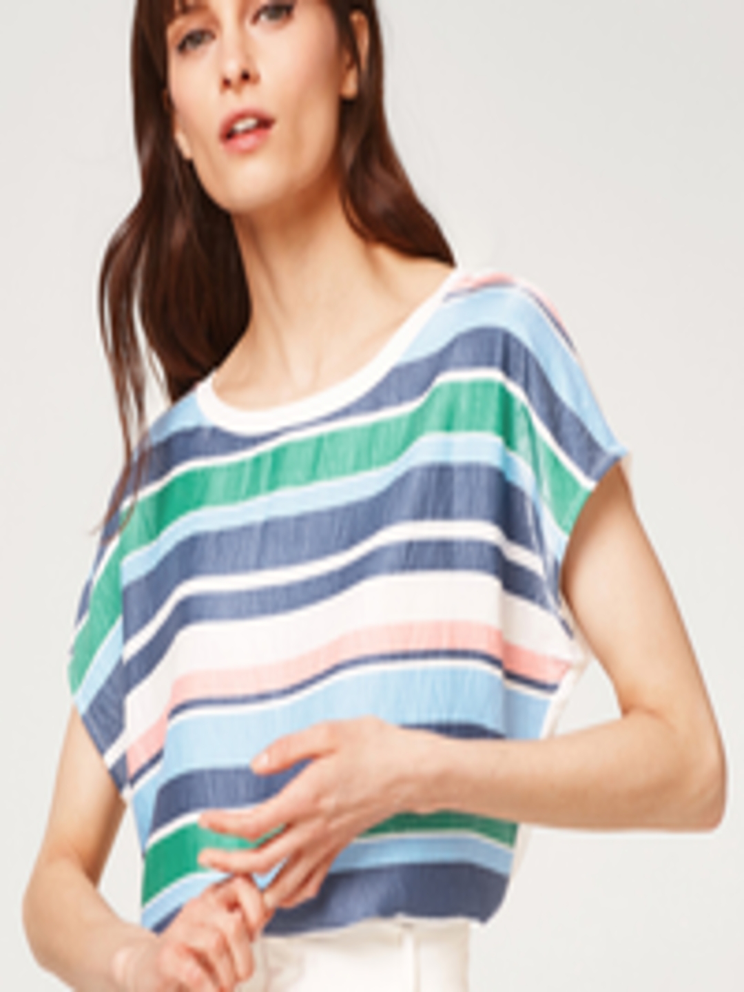 Buy ESPRIT Women Blue & White Striped Round Neck T Shirt - Tshirts for ...