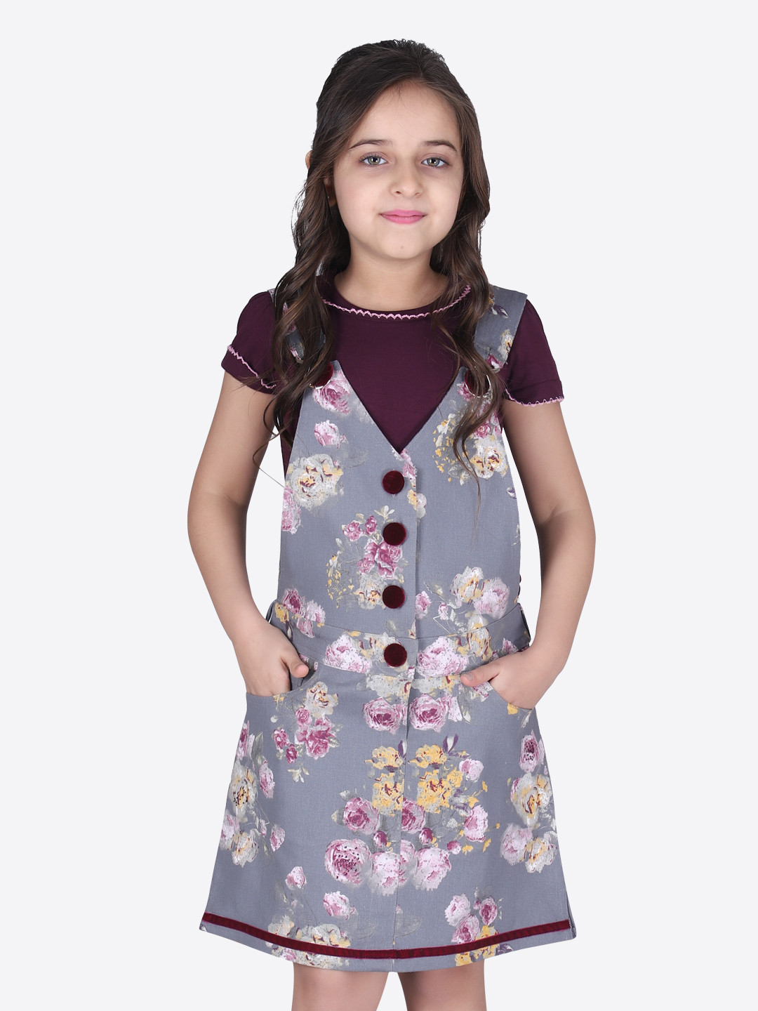Buy CUTECUMBER Girls Grey & Maroon Printed Pinafore Dress With T Shirt  - Dresses for Girls 8971417 | Myntra
