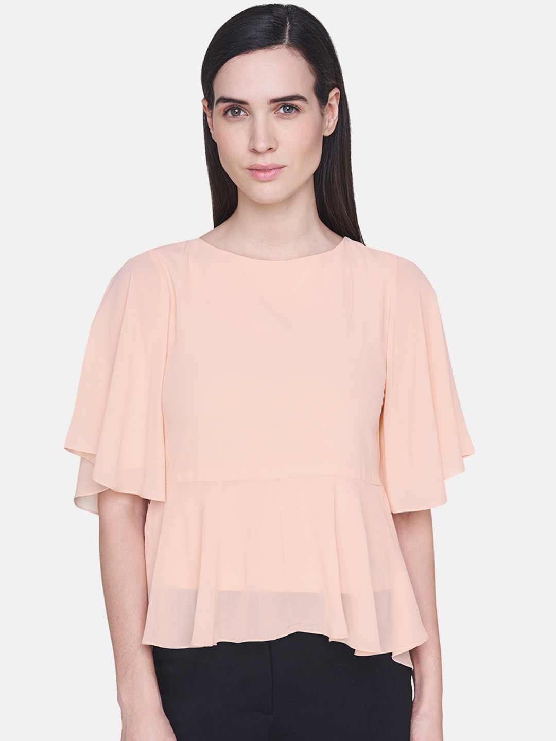 Buy AND Women Peach Coloured Solid Peplum Top Tops for Women 8971905