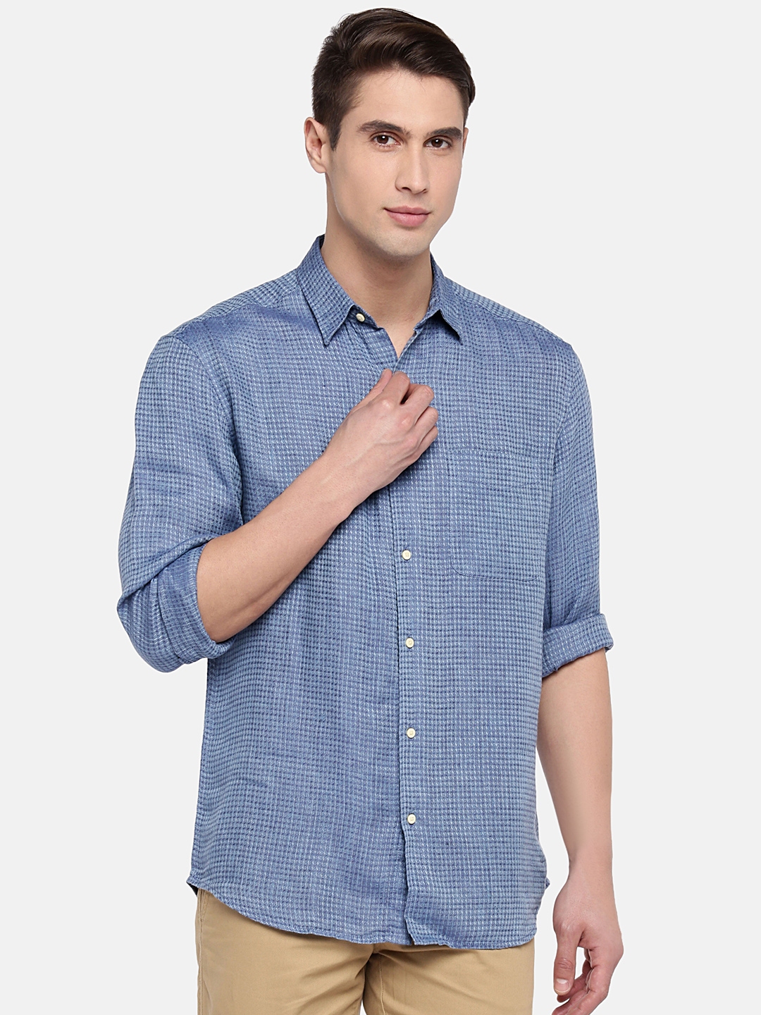 Buy Cottonworld Men Blue Regular Fit Self Design Casual Linen Shirt ...