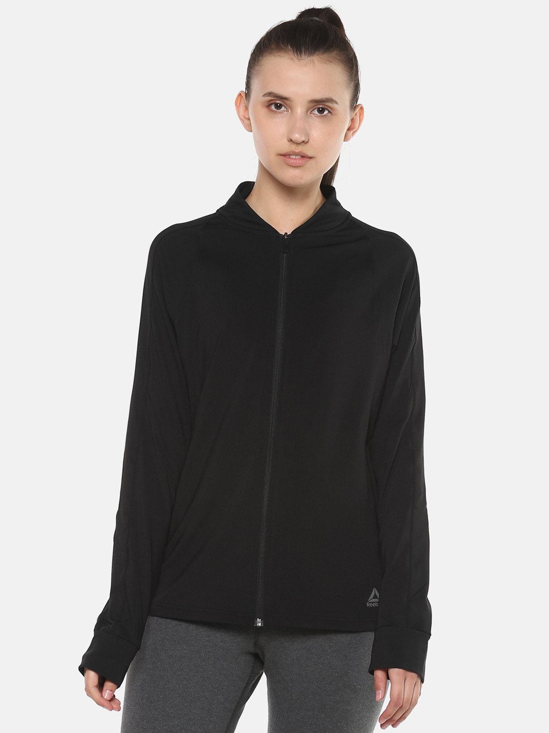 Buy Reebok Women Black Solid OS Training Track Jacket Jackets for