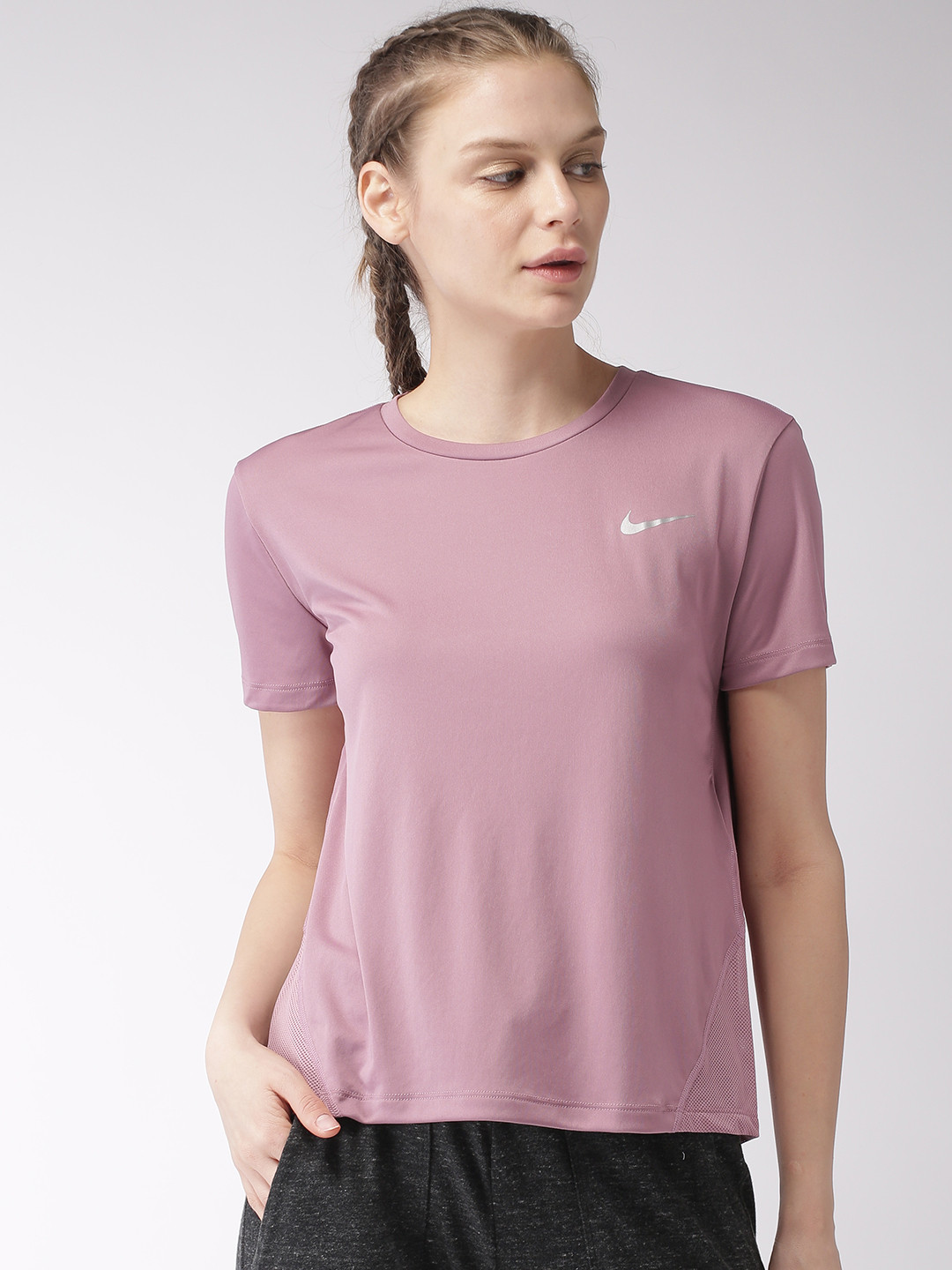 Buy Nike Women Pink Solid Standard Fit MILER DRI FIT Running T Shirt ...