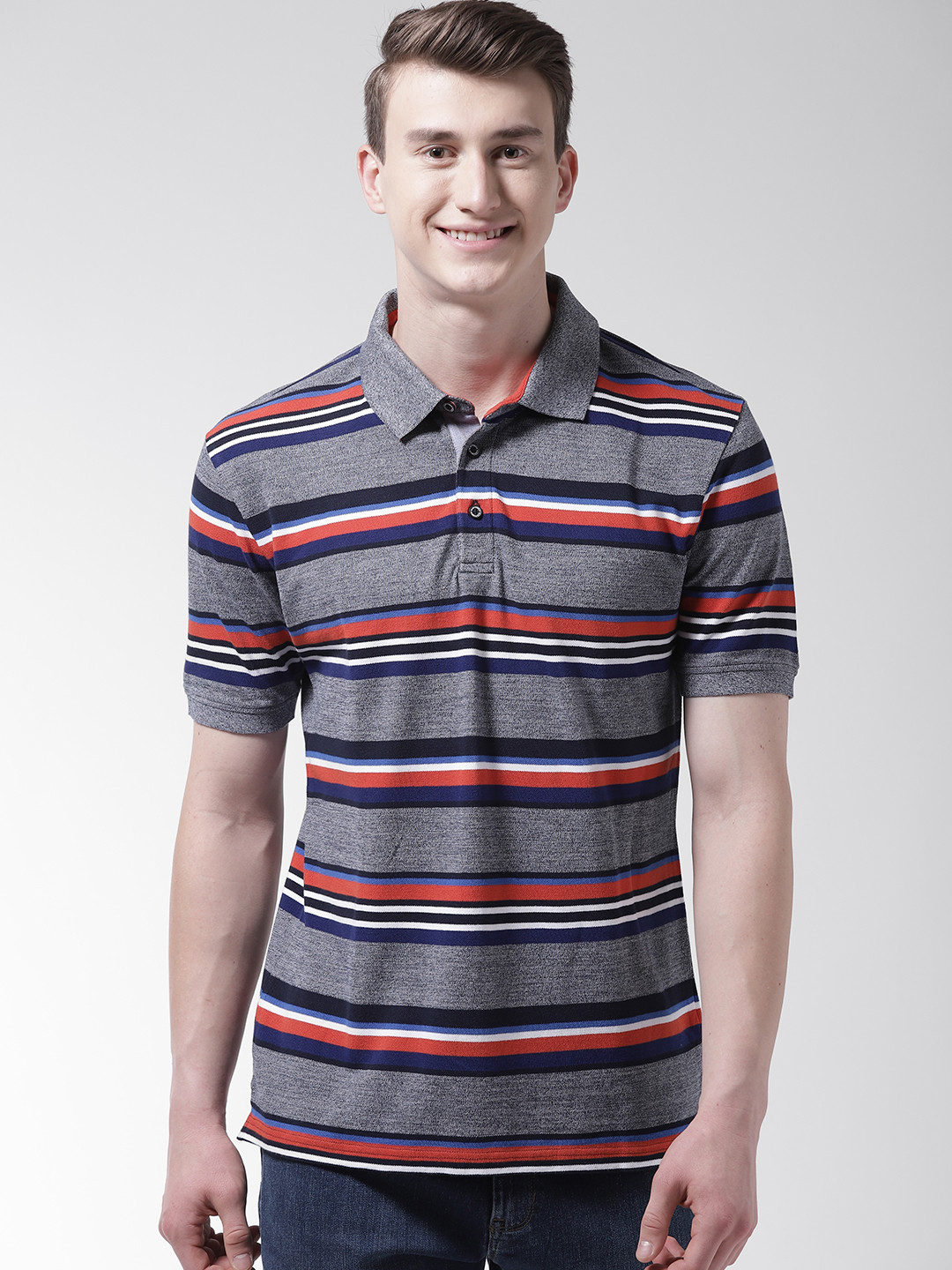 Buy Marks & Spencer Men Grey Melange & Navy Striped Polo Collar T Shirt