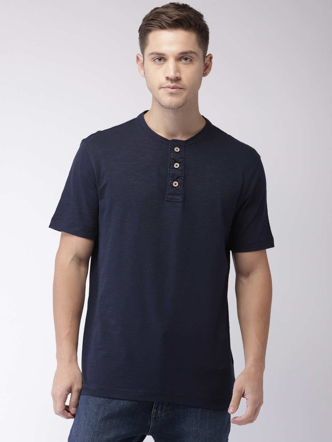 Buy Marks Spencer Men Navy Blue Solid Henley Neck Pure Cotton T Shirt ...