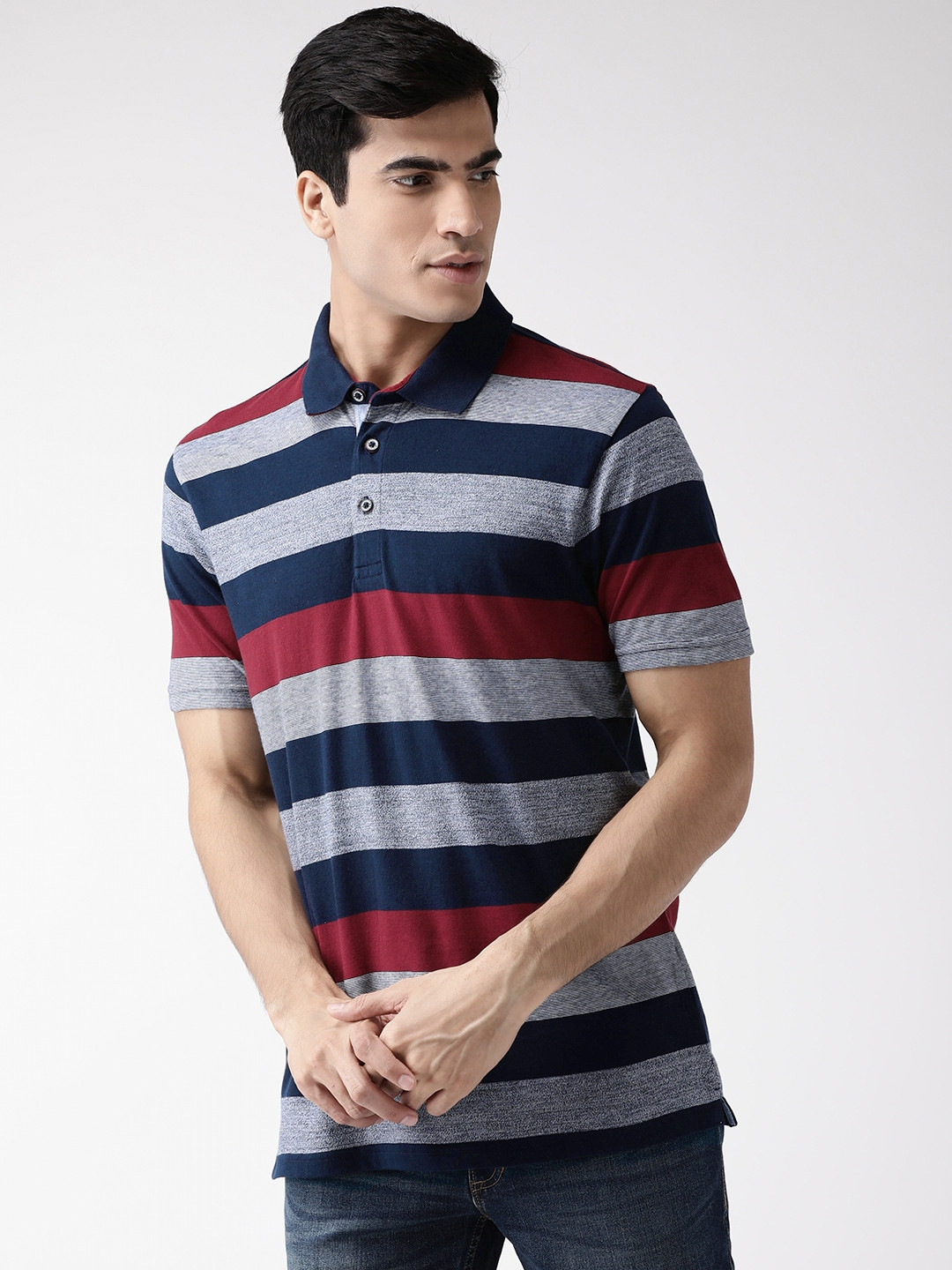 Buy Marks & Spencer Men Navy Blue & Grey Striped Slim Fit Polo Collar T