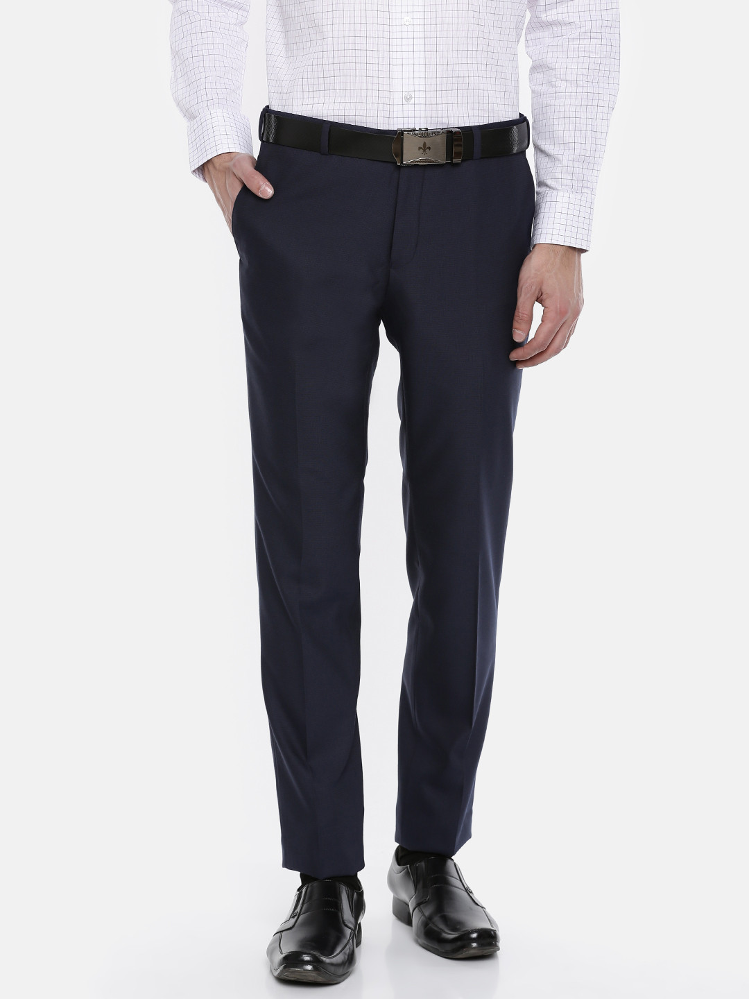Buy Raymond Men Navy Blue Slim Fit Self Design Formal Trousers ...