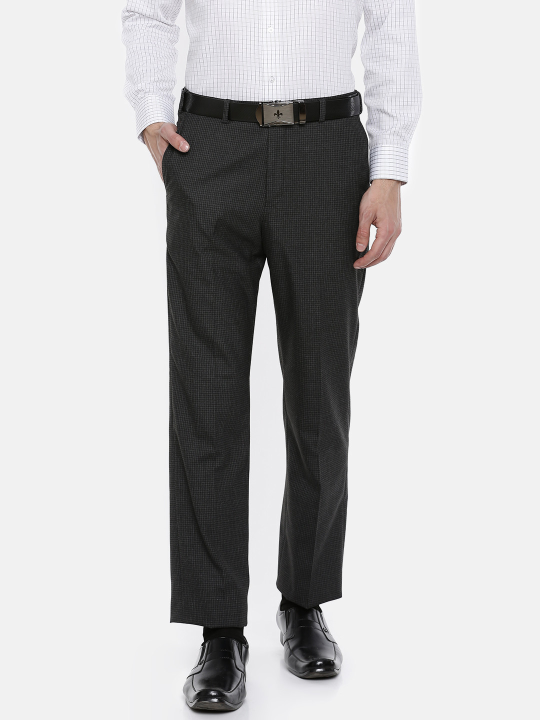 Buy Park Avenue Men Grey Checked Formal Trousers - Trousers for Men ...