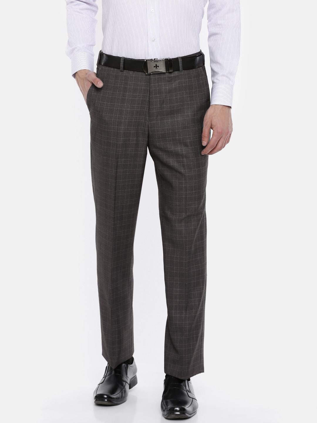 Buy Park Avenue Men Grey Checked Formal Trousers - Trousers for Men ...