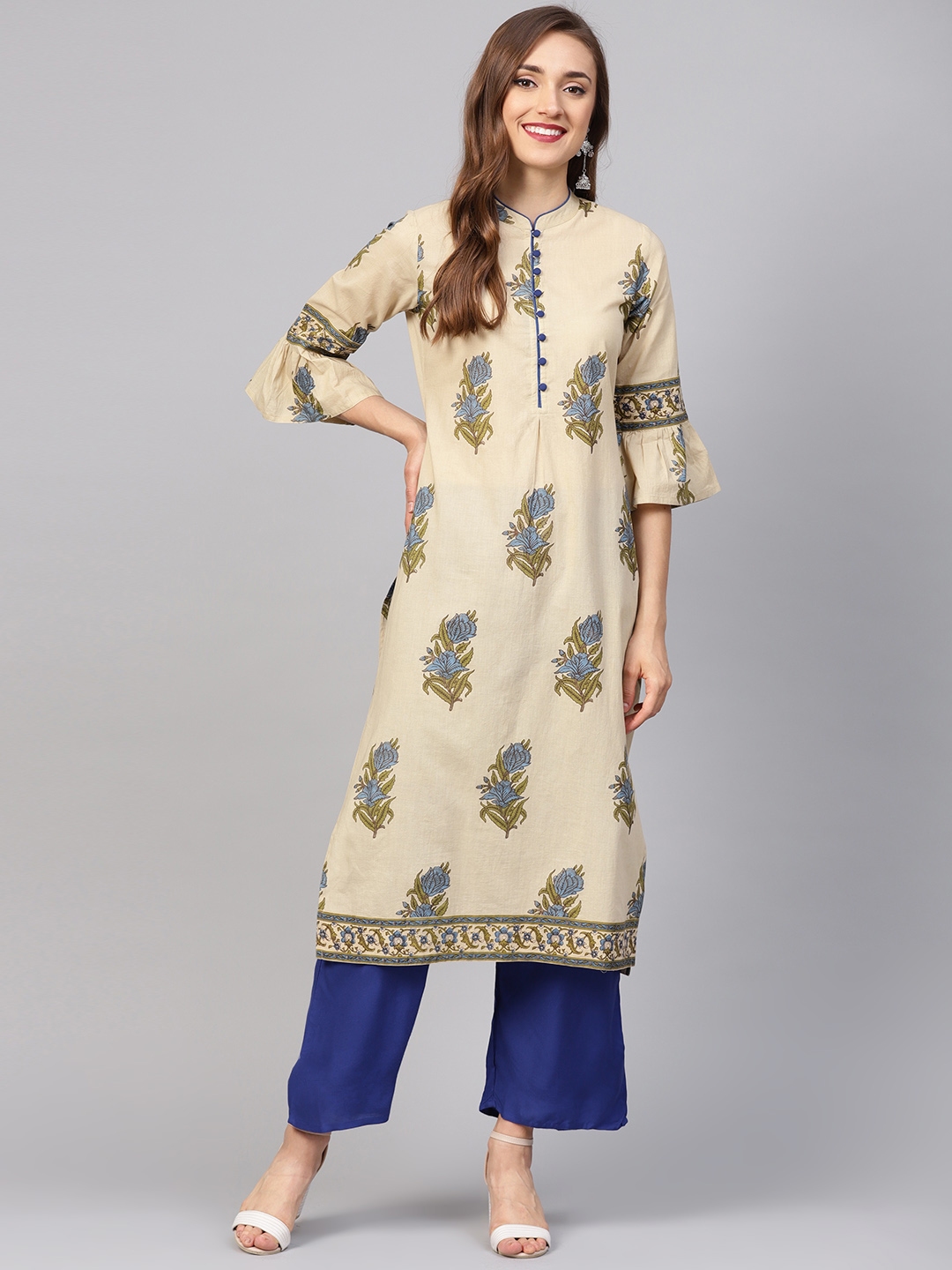 Buy Jaipur Kurti Women Beige & Blue Printed Kurta With Palazzos - Kurta ...