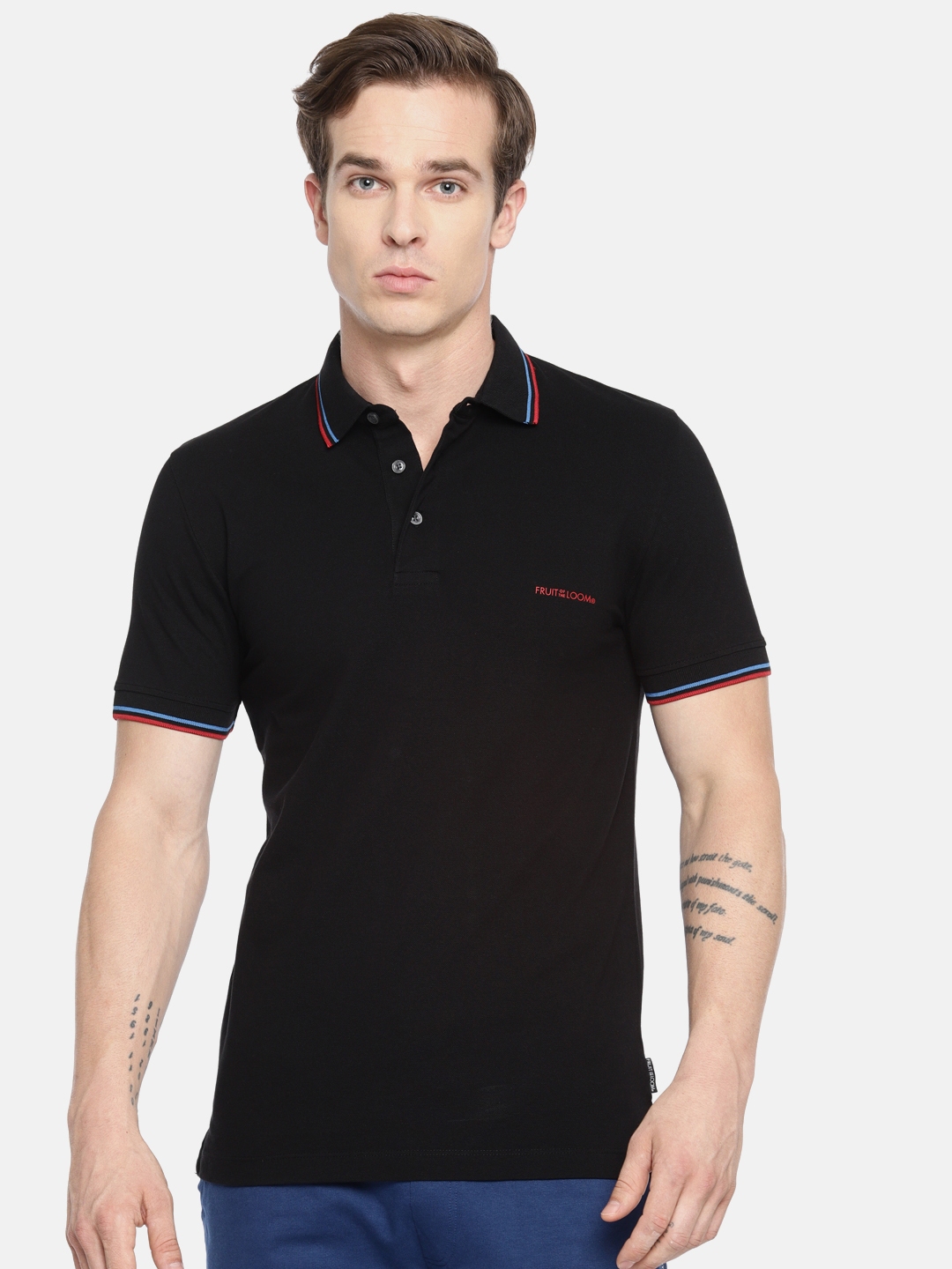 Buy Fruit Of The Loom Men Black Solid Polo Collar T Shirt - Tshirts for ...