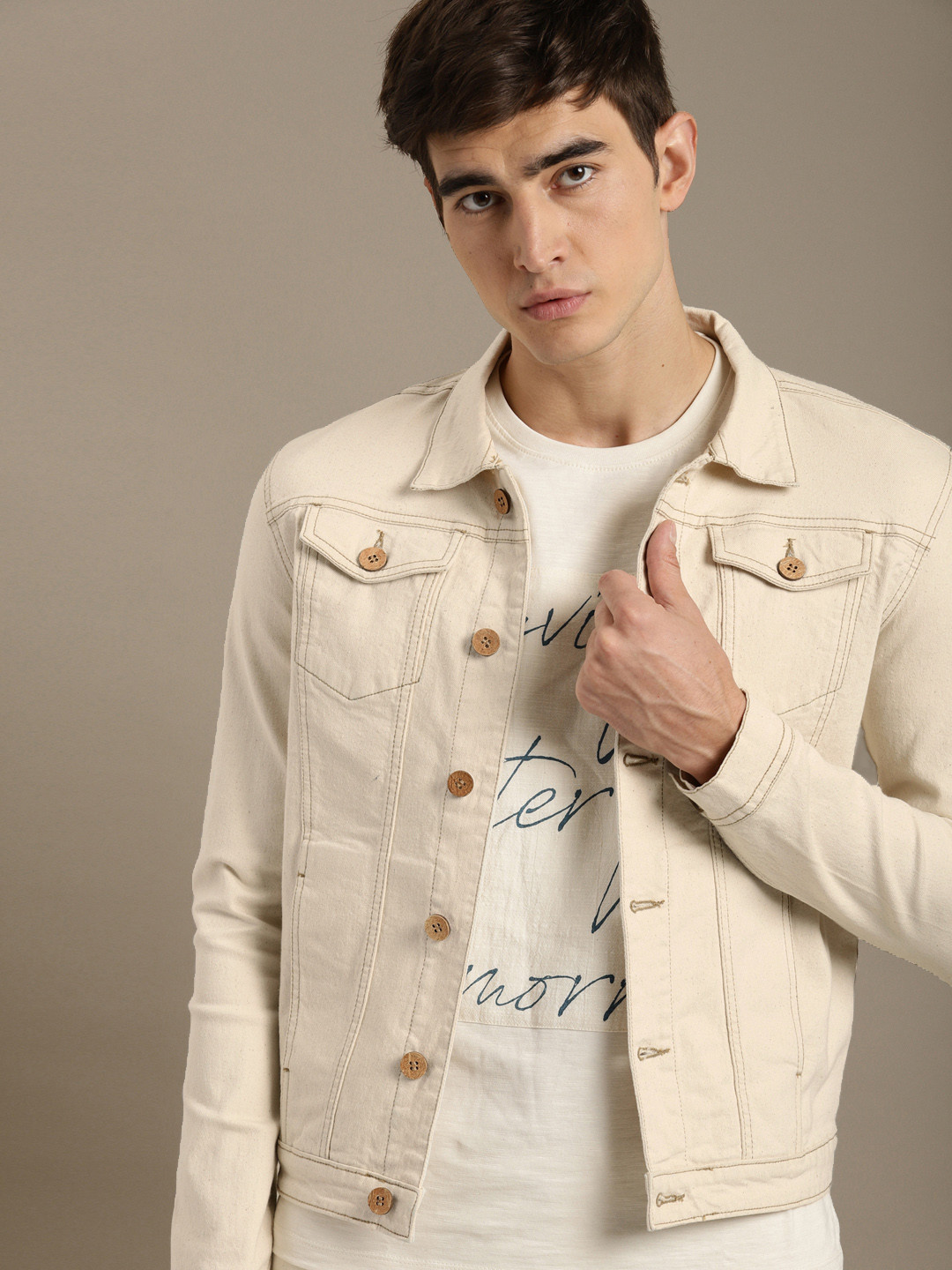 Buy Ether Men Beige Solid Denim Sustainable Jacket Jackets for Men