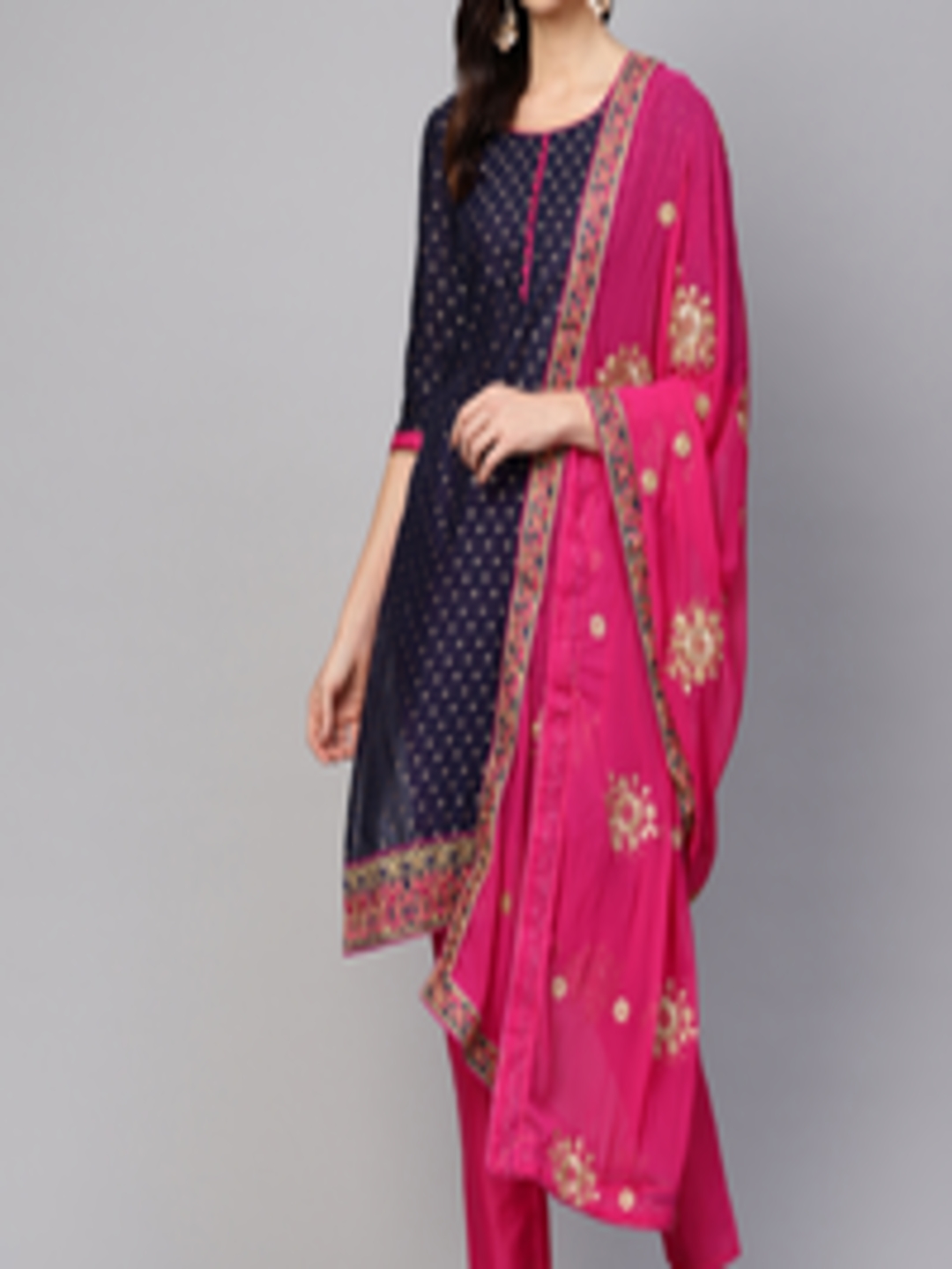 Buy Ishin Navy Blue & Pink Woven Design Unstitched Dress Material ...