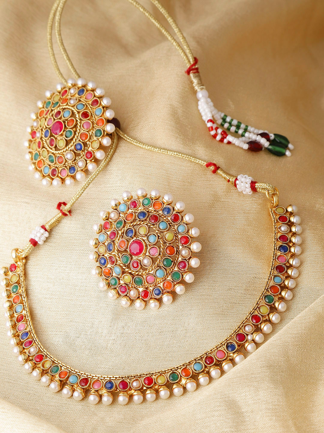 Buy Damani Multicoloured Gold Plated Stone Studded Jewellery Set
