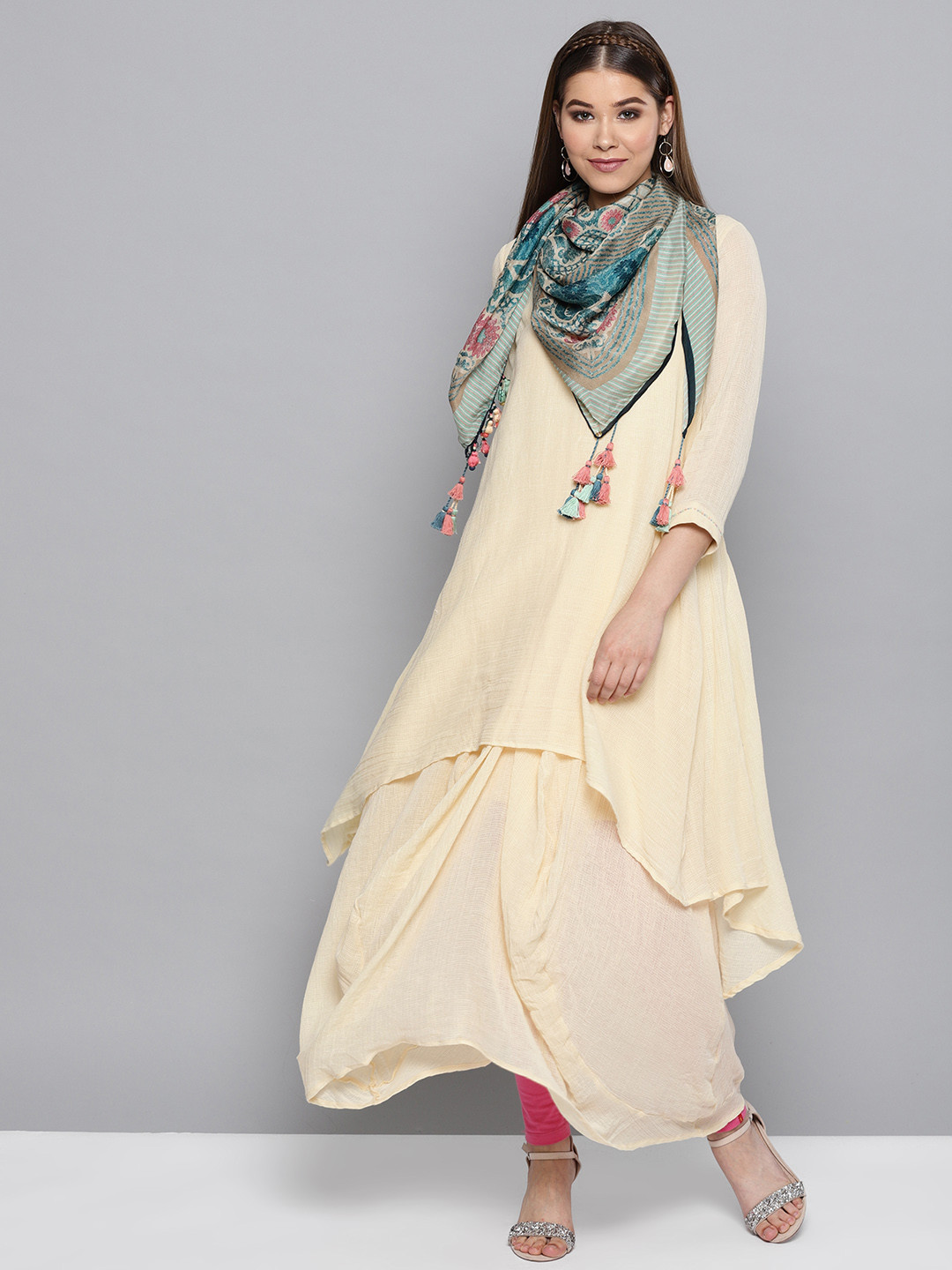 Buy Ritu Kumar Women Cream Coloured Solid A Line Kurta With Scarf