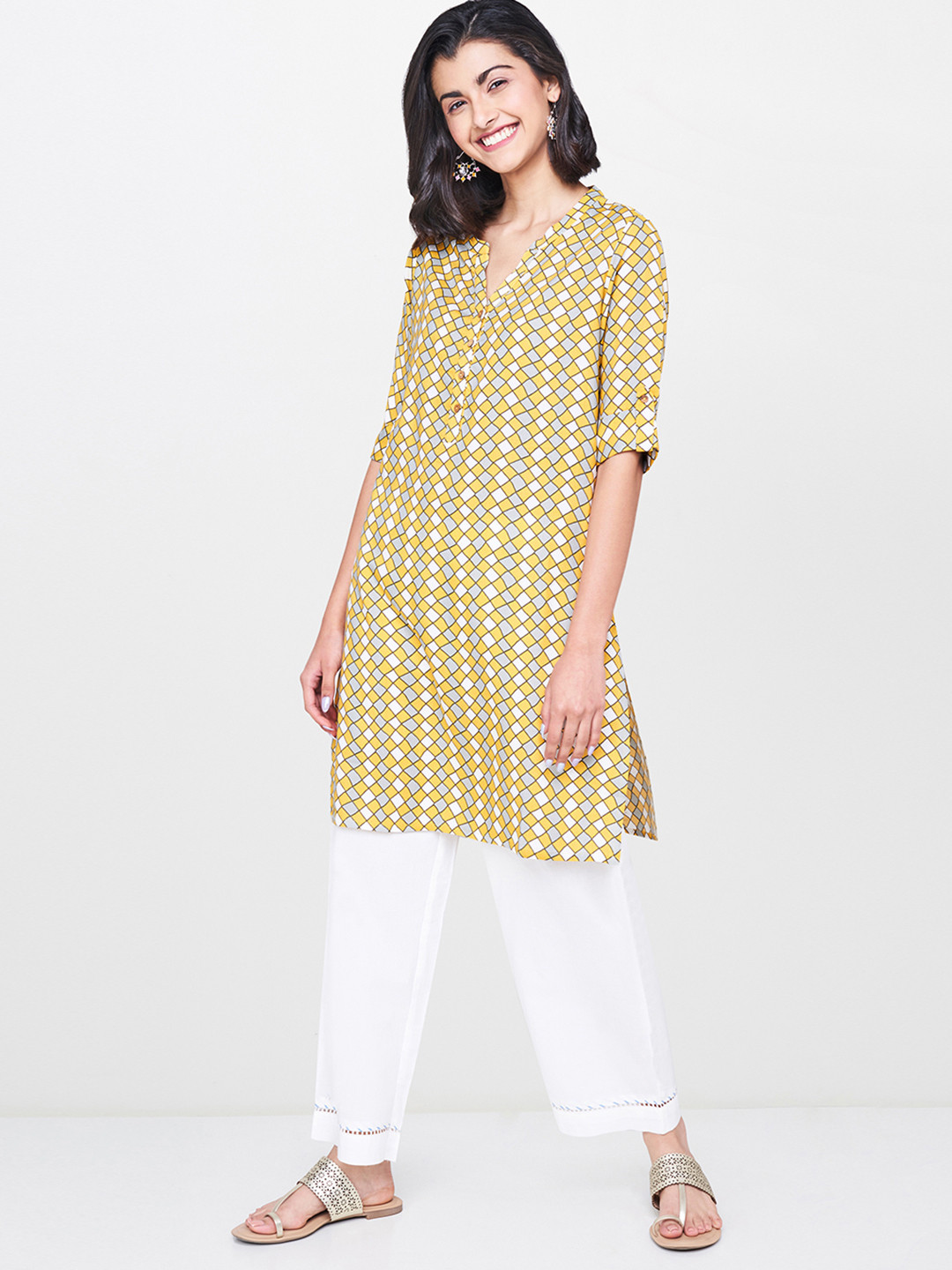 Buy Global Desi Mustard & White Printed Tunic - Tunics for Women 9014059 | Myntra