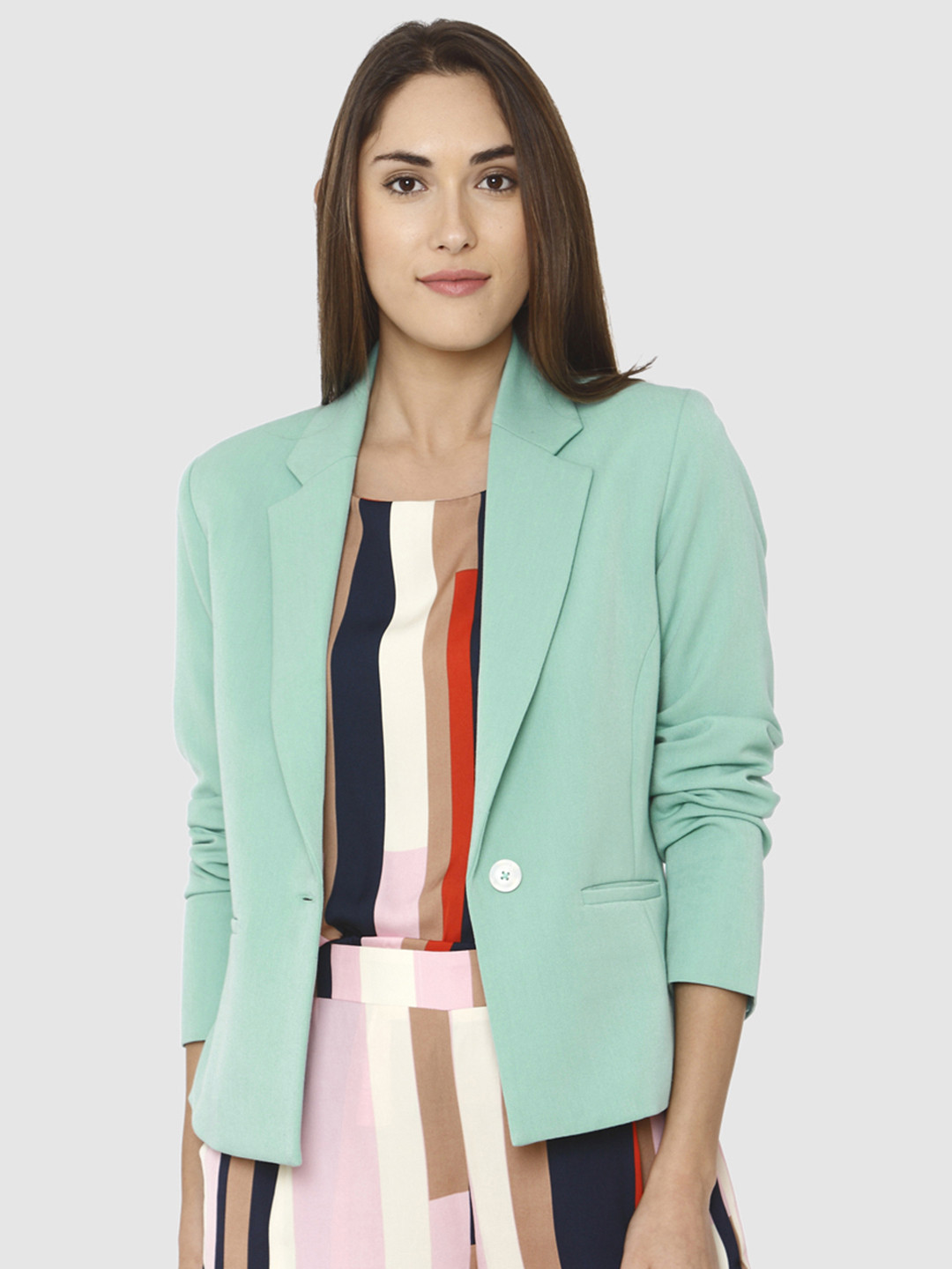 Buy Vero Moda Women Sea Green Solid Regular Fit Single Breasted Casual