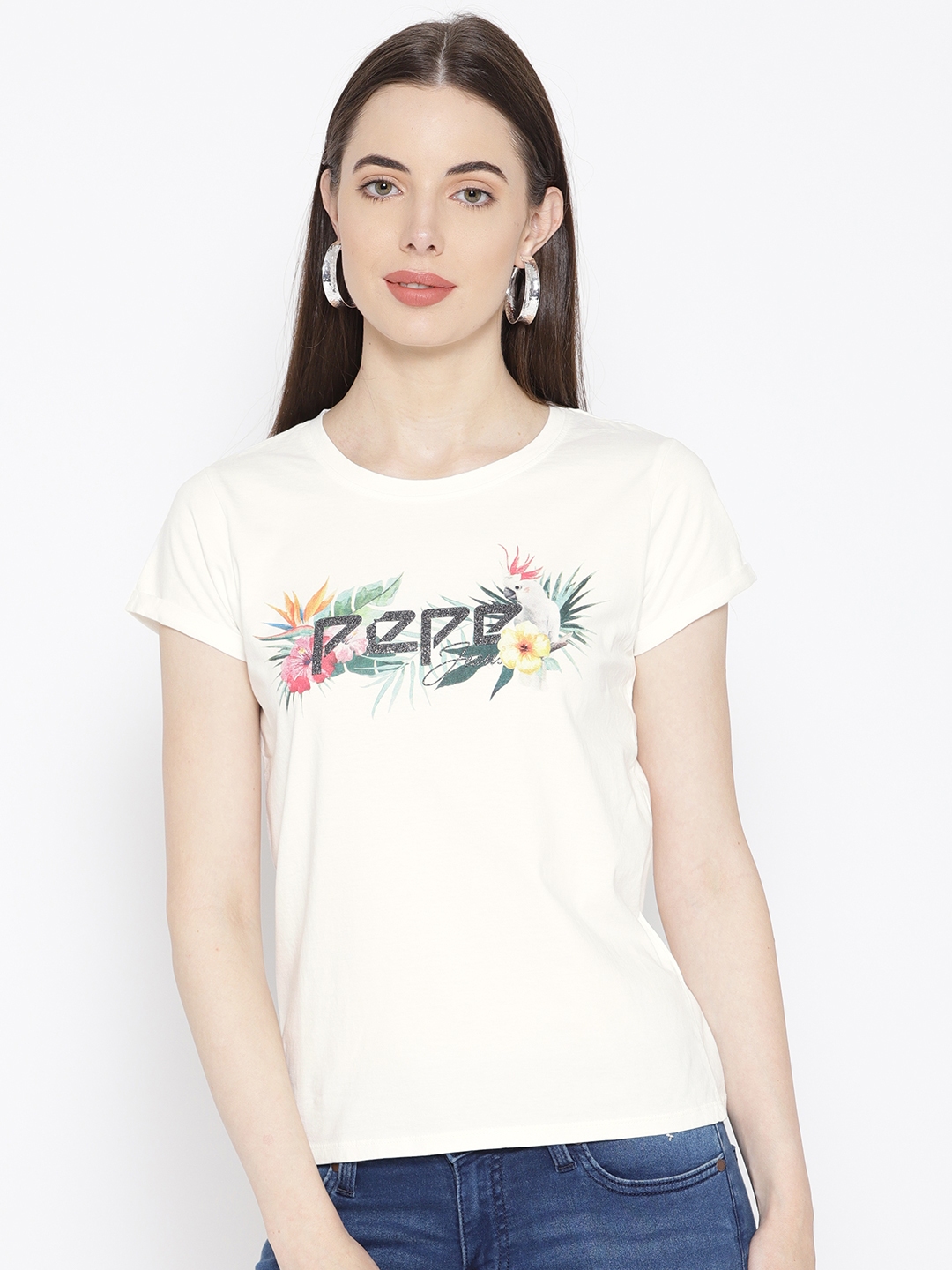 Buy Pepe Jeans Women White Printed Detail Round Neck T Shirt - Tshirts ...