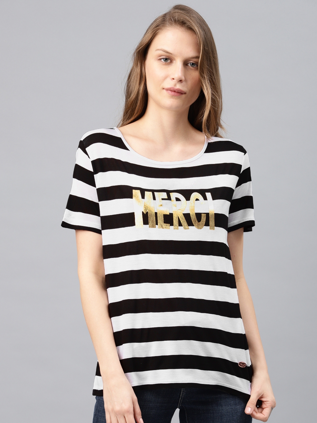 Buy French Connection Women Black & White Striped Round Neck T Shirt ...