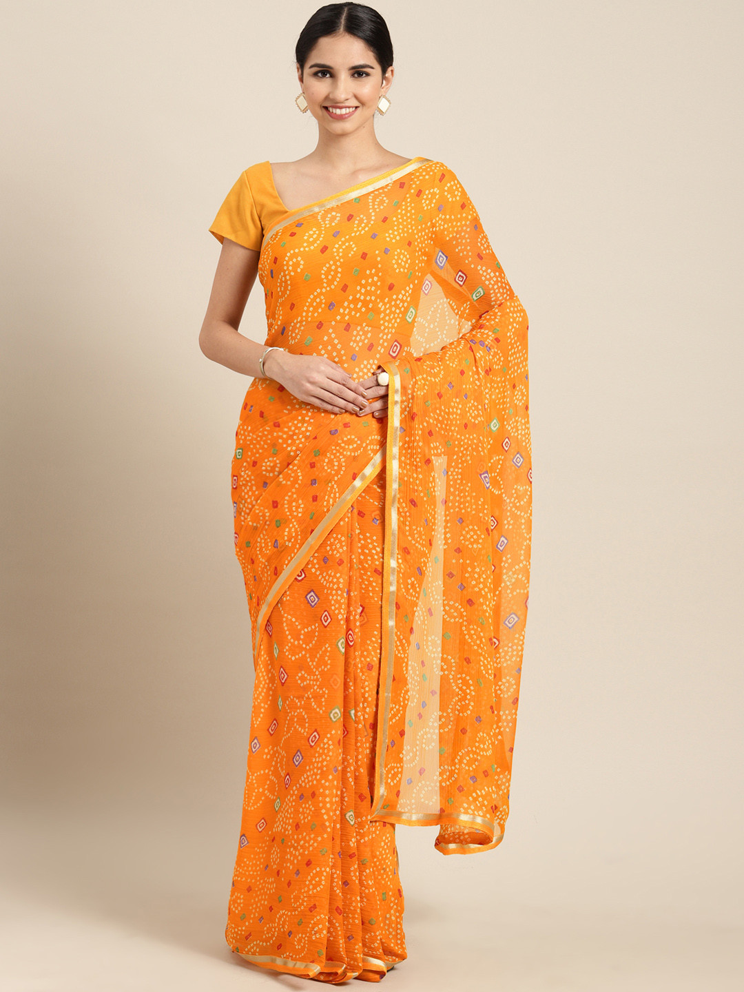Buy Satrani Yellow Pure Chiffon Printed Bandhani Saree Sarees for