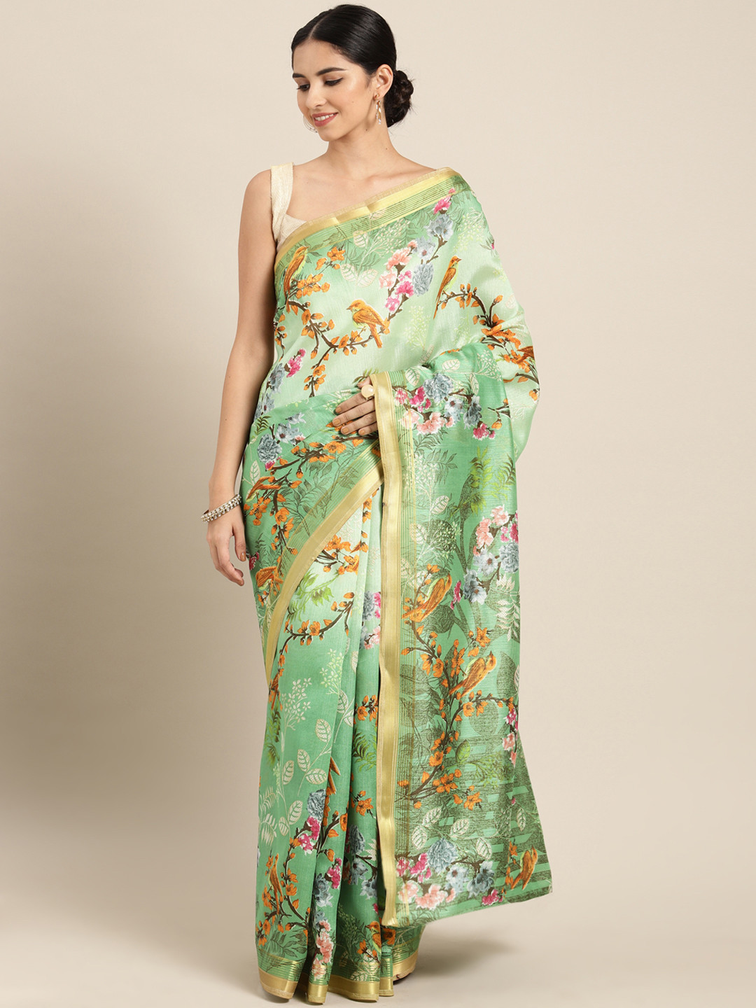 Buy Satrani Green Printed Art Silk Saree Sarees for Women 9038843