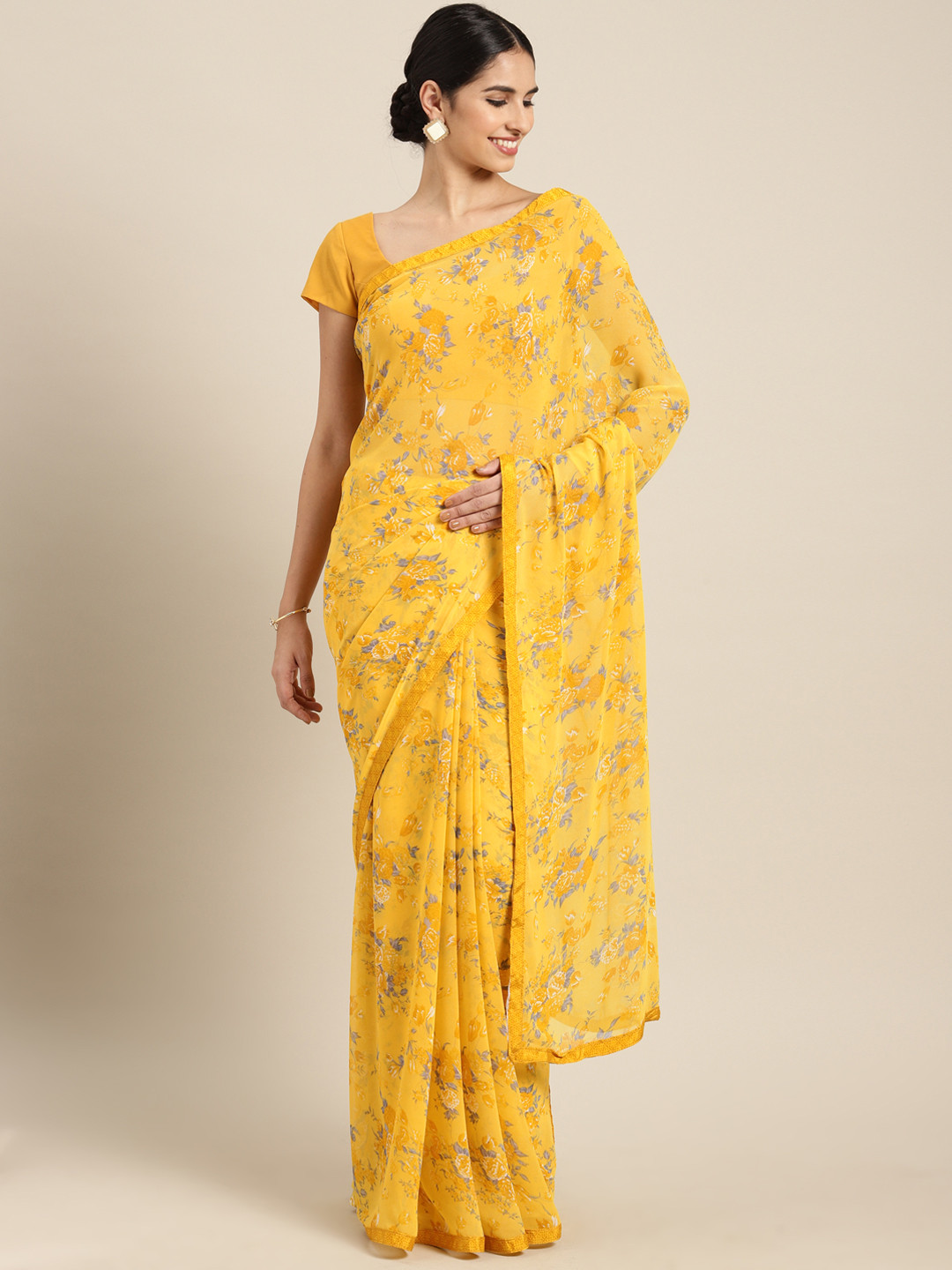 Buy Satrani Yellow Printed Poly Chiffon Saree Sarees for Women