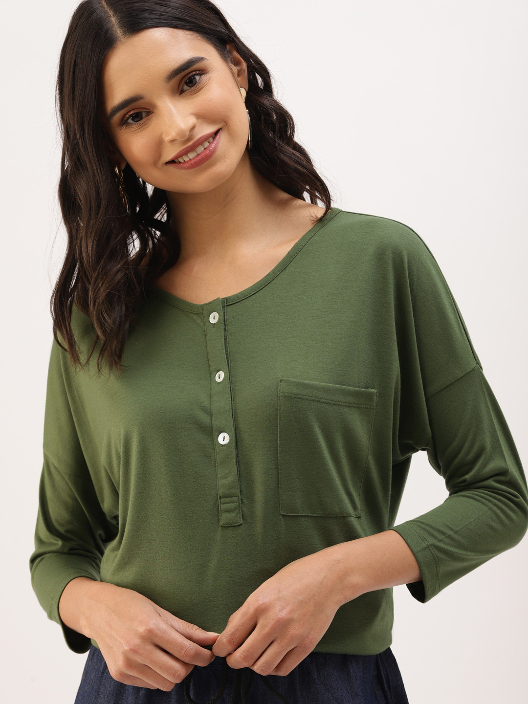 Buy DressBerry Women Olive Green Solid Henley Neck T Shirt Tshirts