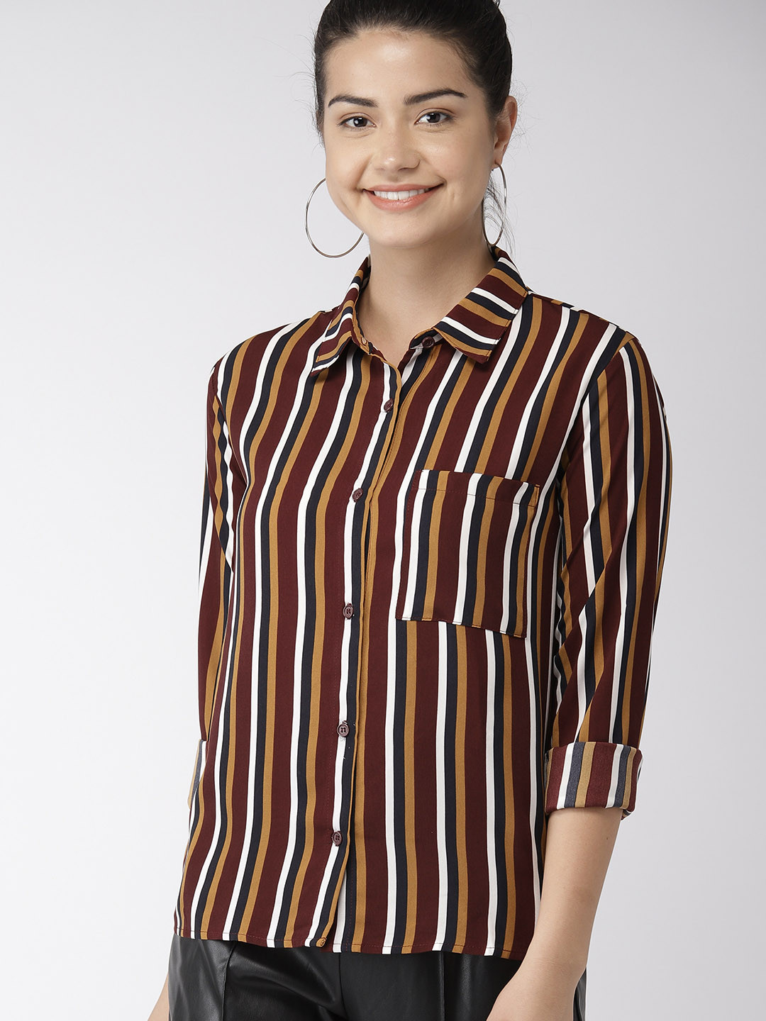 Buy FOREVER 21 Women Maroon & Mustard Yellow Regular Fit Striped Casual