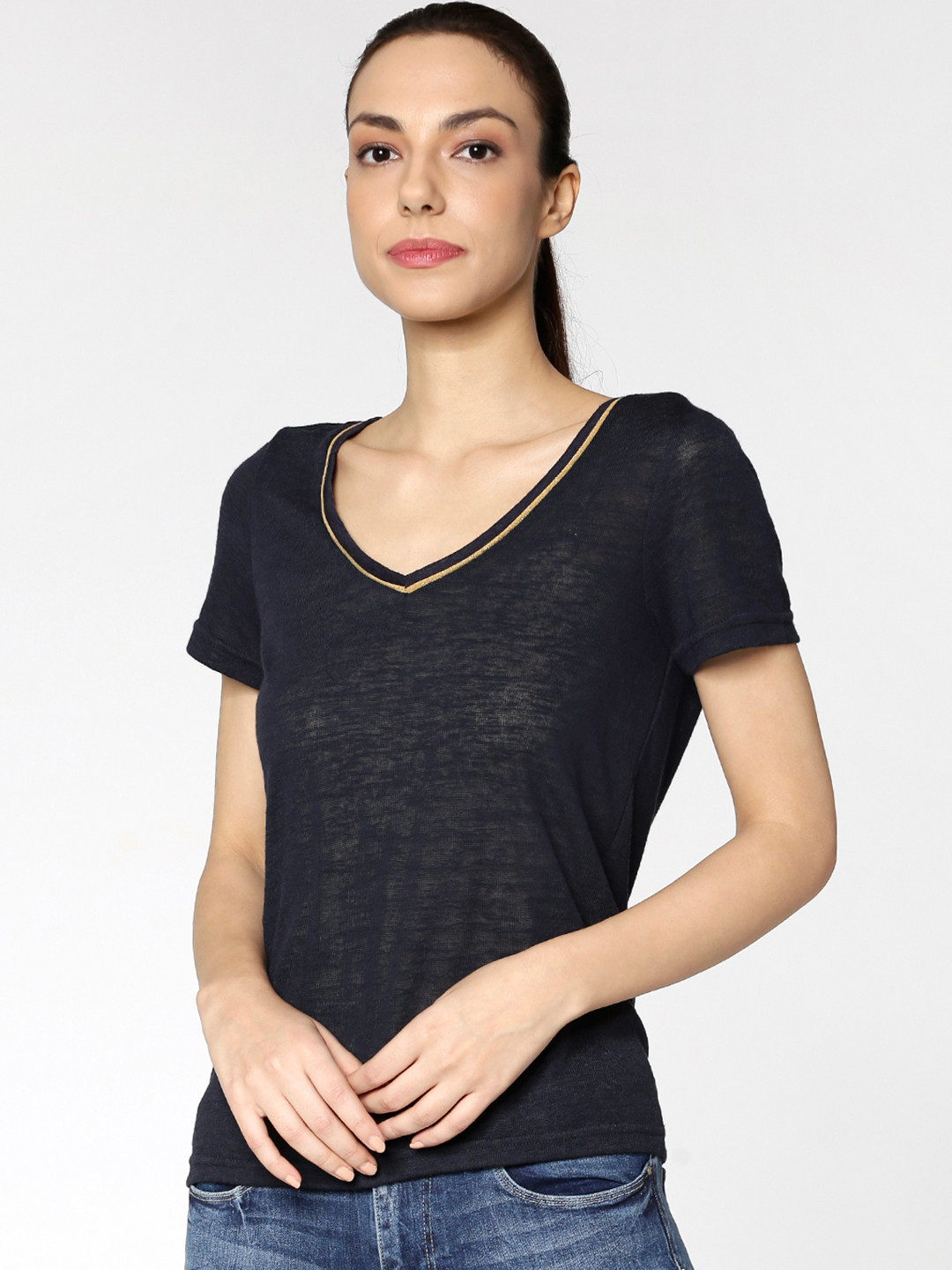 Buy ONLY Women Navy Blue Solid V Neck T Shirt Tshirts for Women