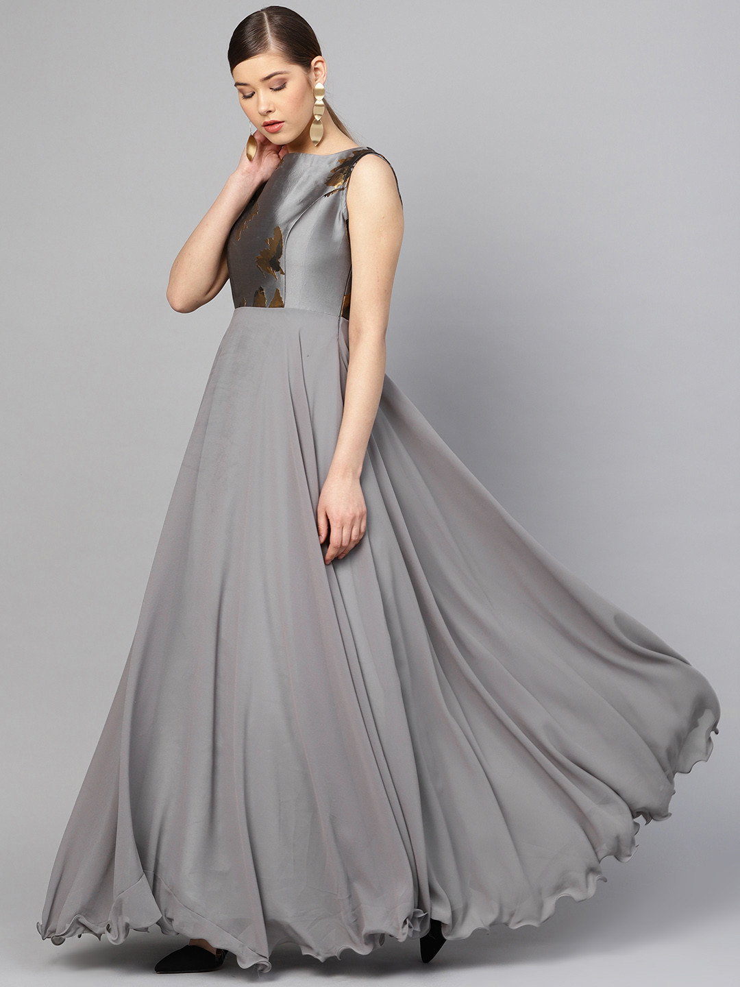 Buy Inddus Women Grey Woven Yoke Design Gown - Ethnic Dresses for Women ...
