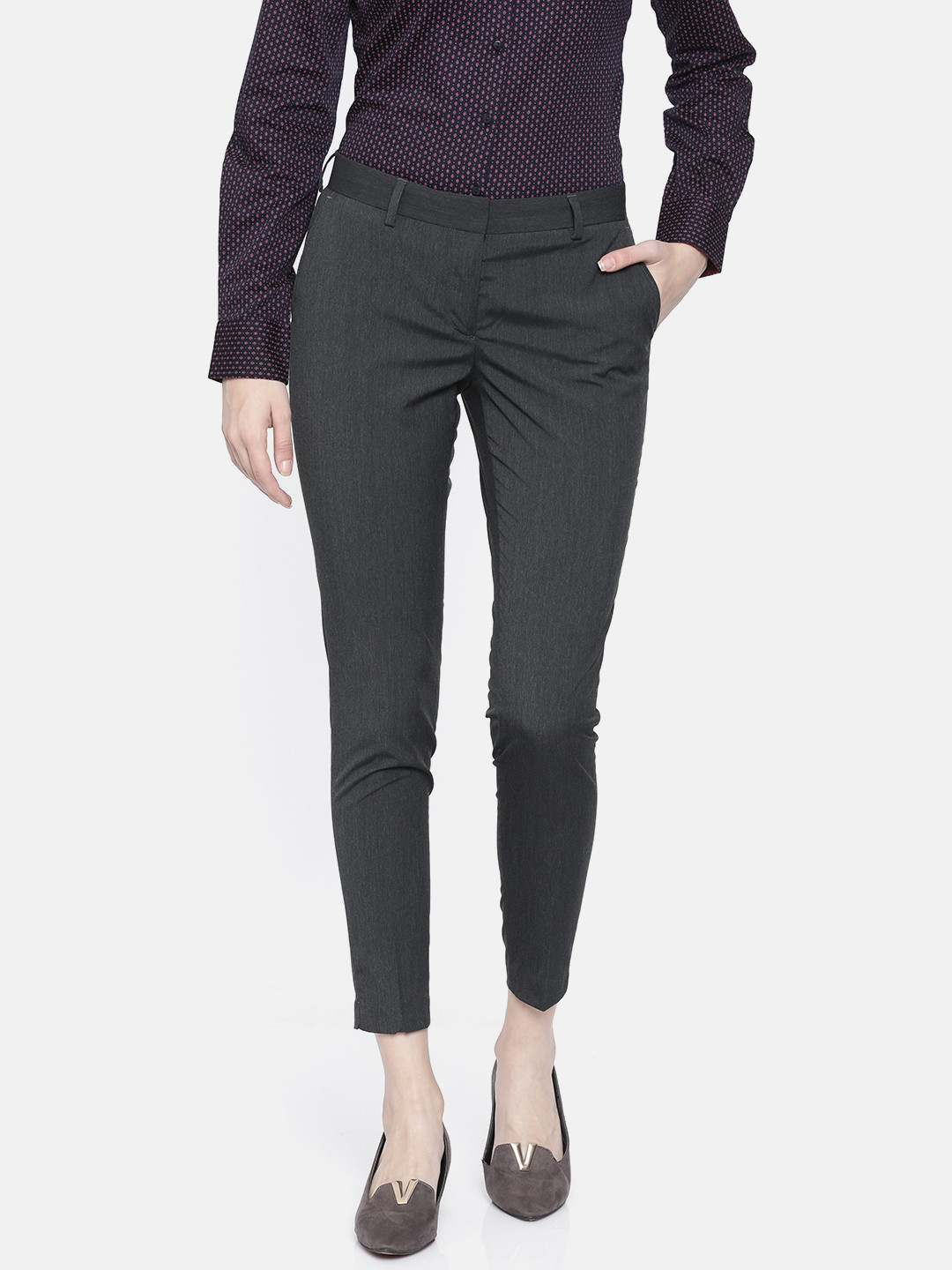 Buy Park Avenue Women Charcoal Grey Tapered Fit Solid Formal Trousers ...