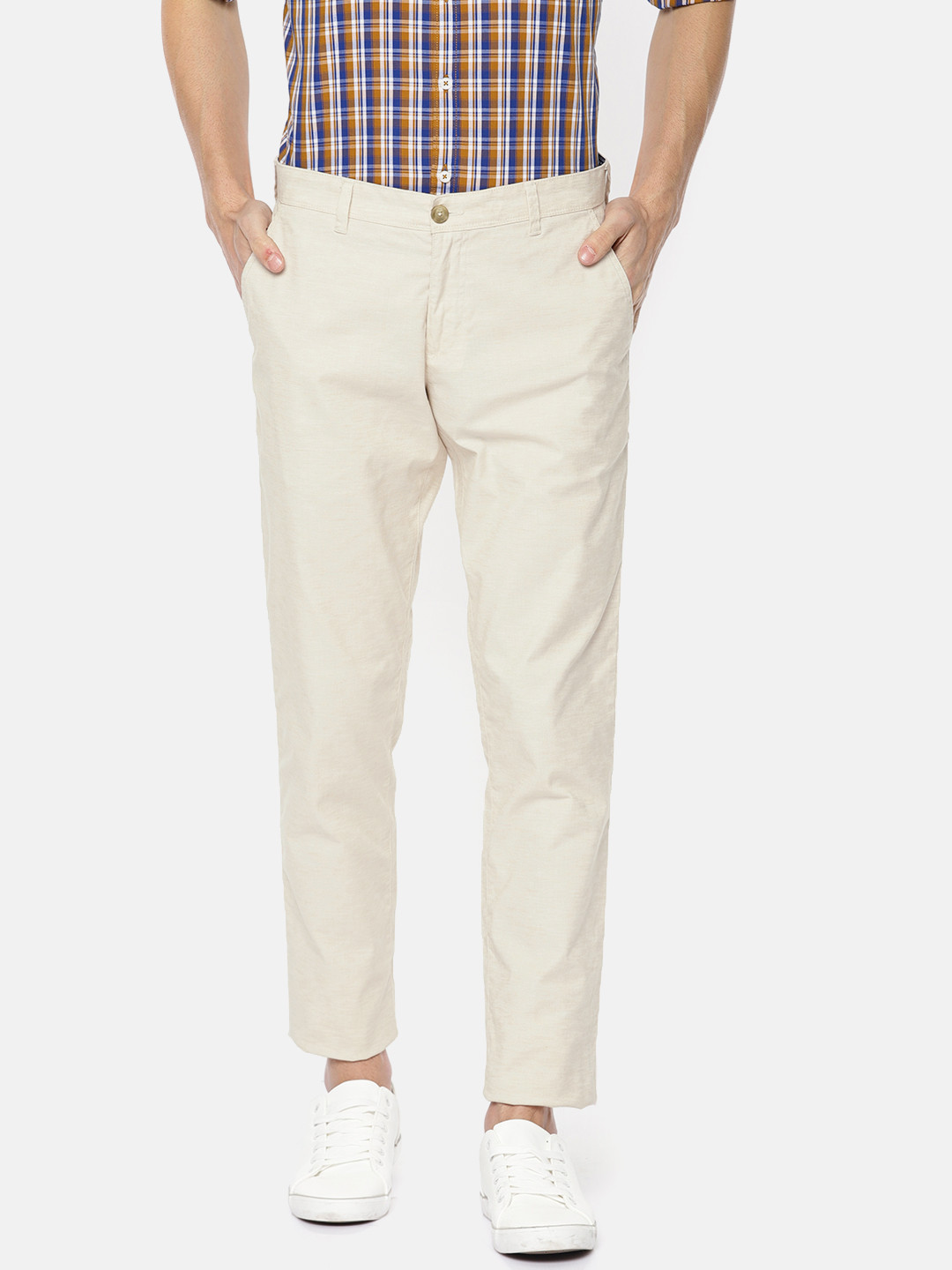 Buy Parx Men Beige Tapered Fit Solid Regular Trousers - Trousers for ...