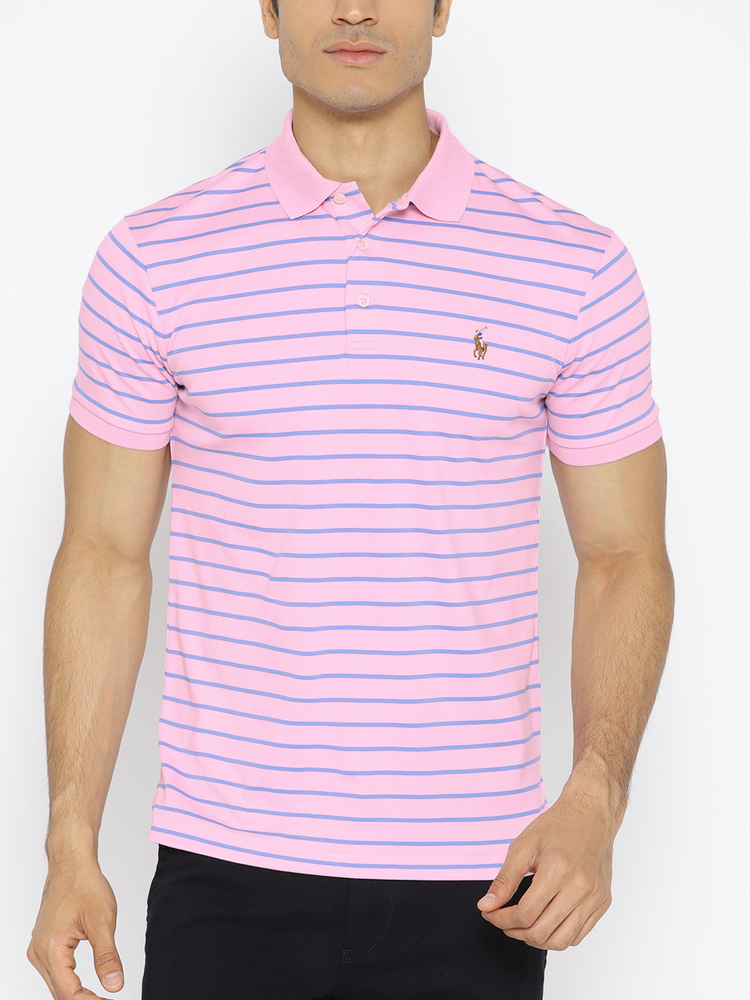Buy Polo Ralph Lauren Men Pink & Blue Striped Polo Collar T Shirt