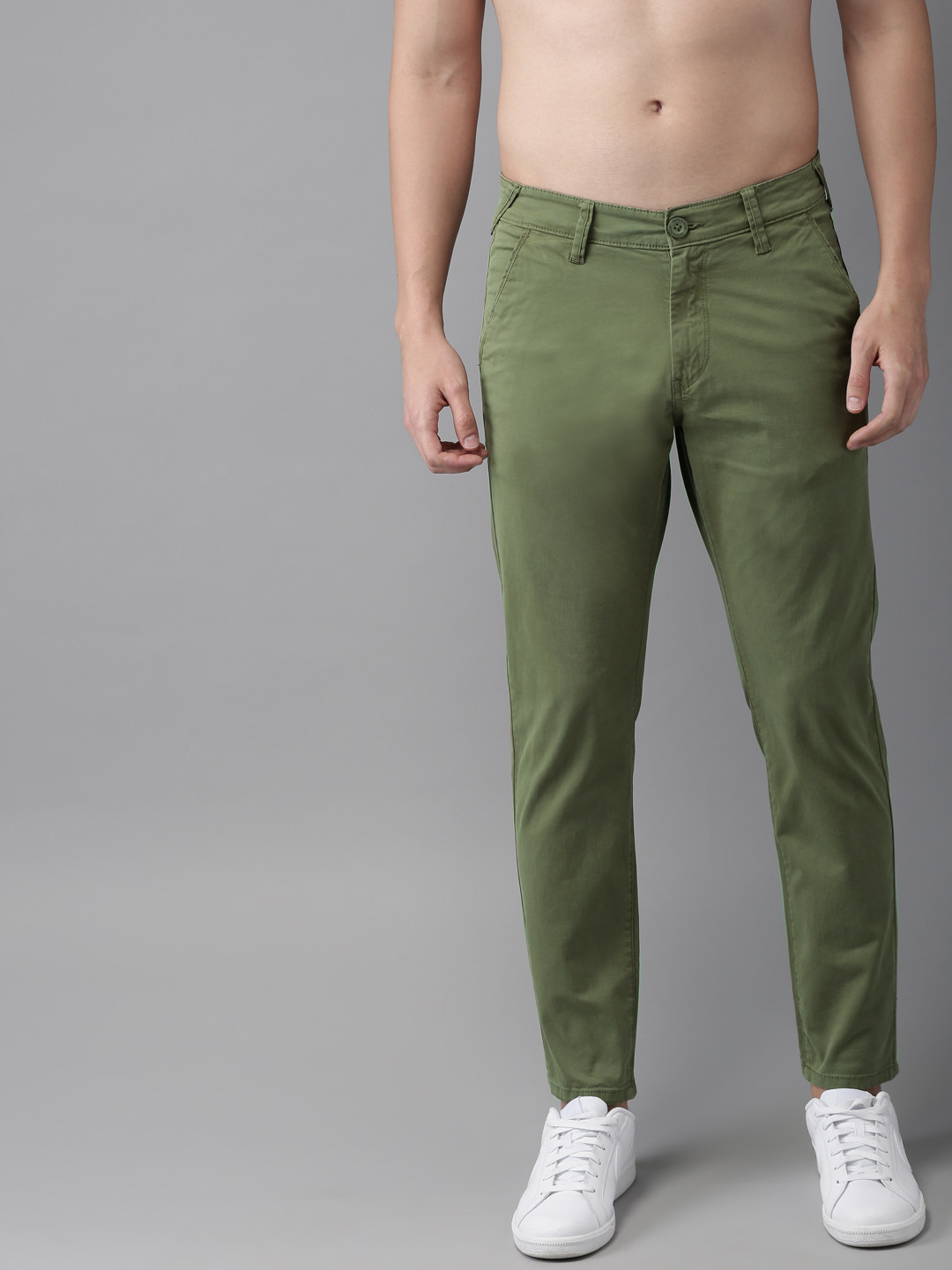 Buy HERE&NOW Men Olive Green Slim Fit Solid Chinos - Trousers for Men ...