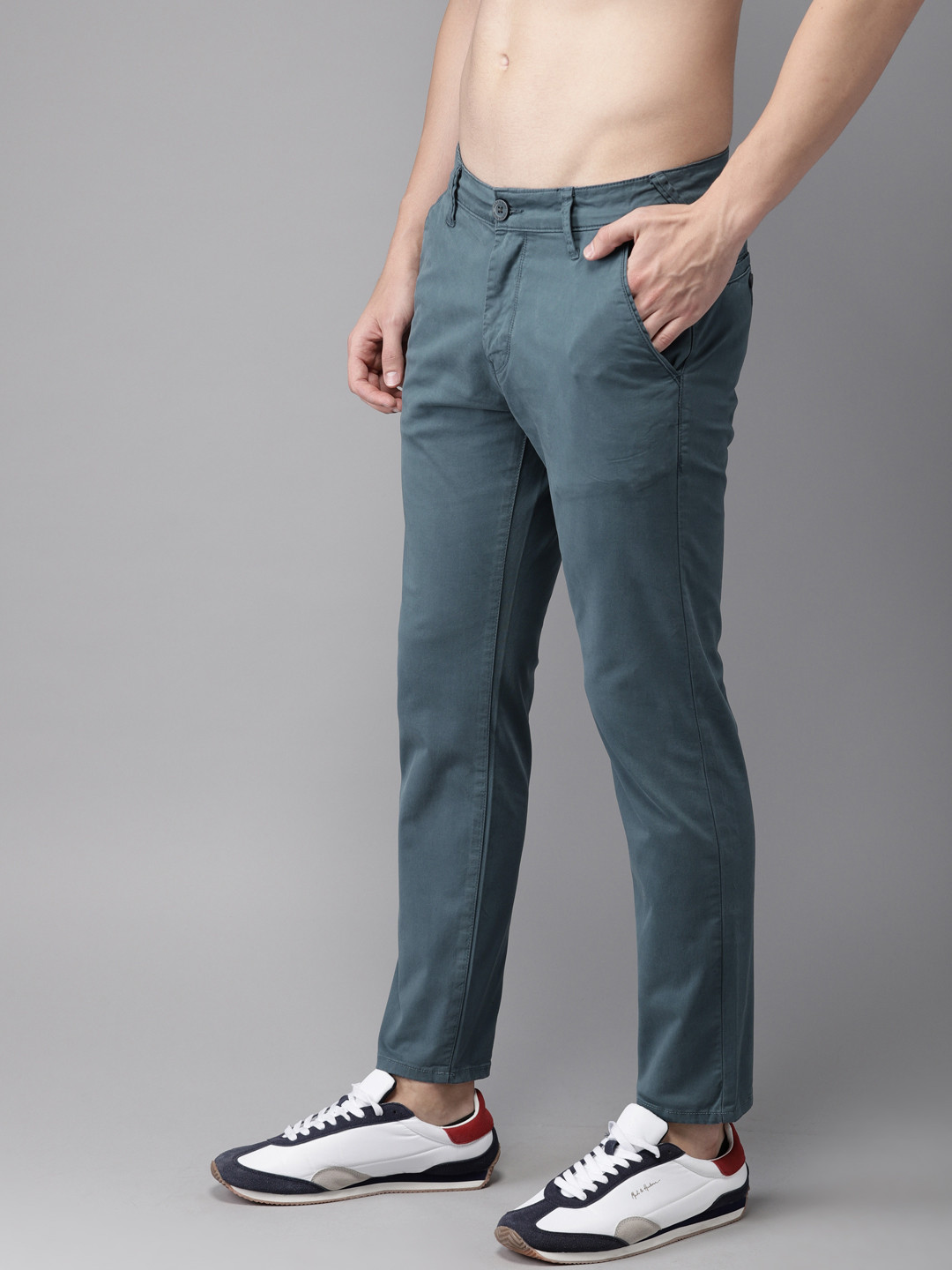 Buy HERE&NOW Men Teal Blue Slim Fit Solid Chinos - Trousers for Men ...
