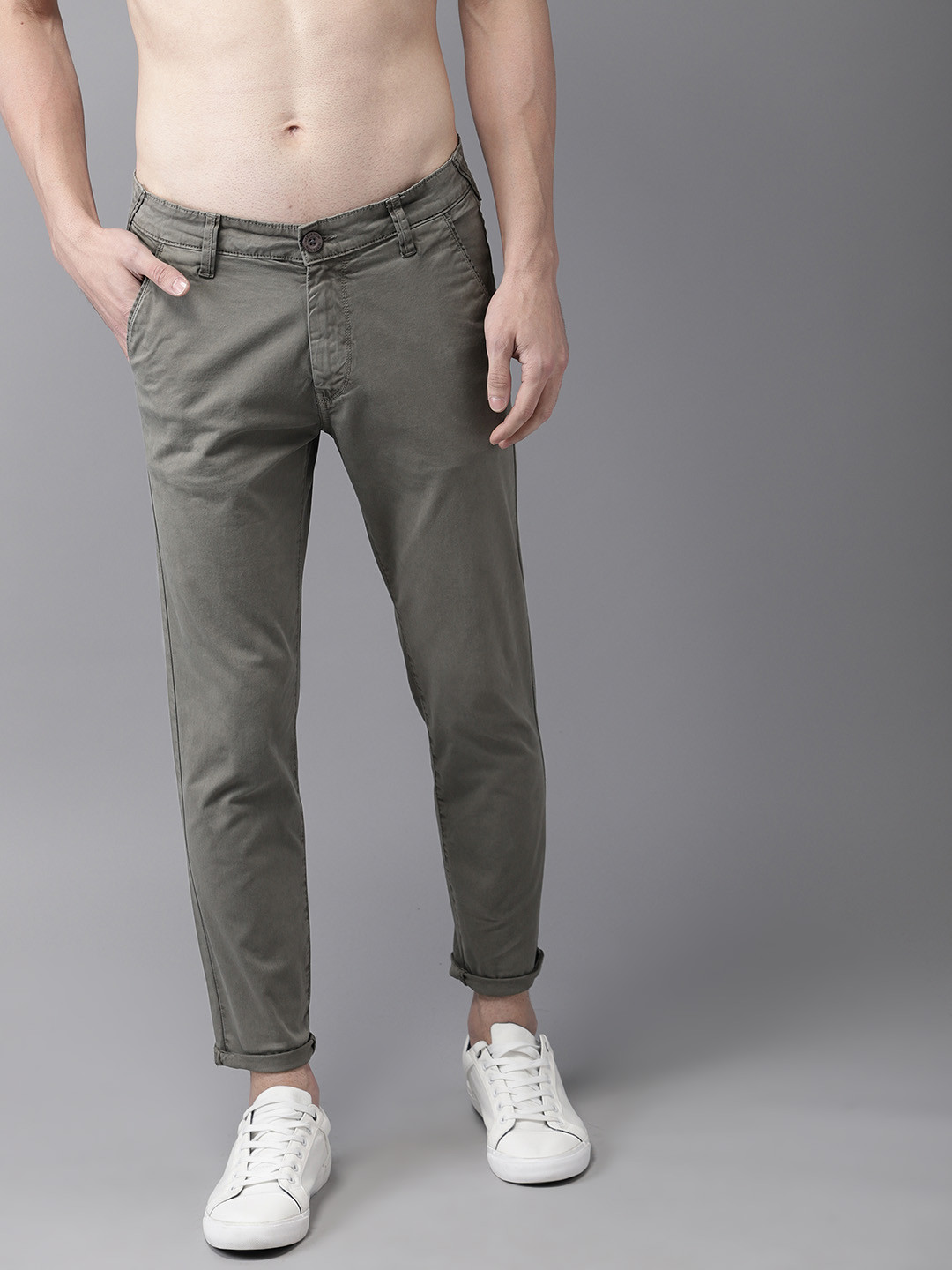 Buy HERE&NOW Men Grey Slim Fit Solid Chinos - Trousers for Men 9064369 ...